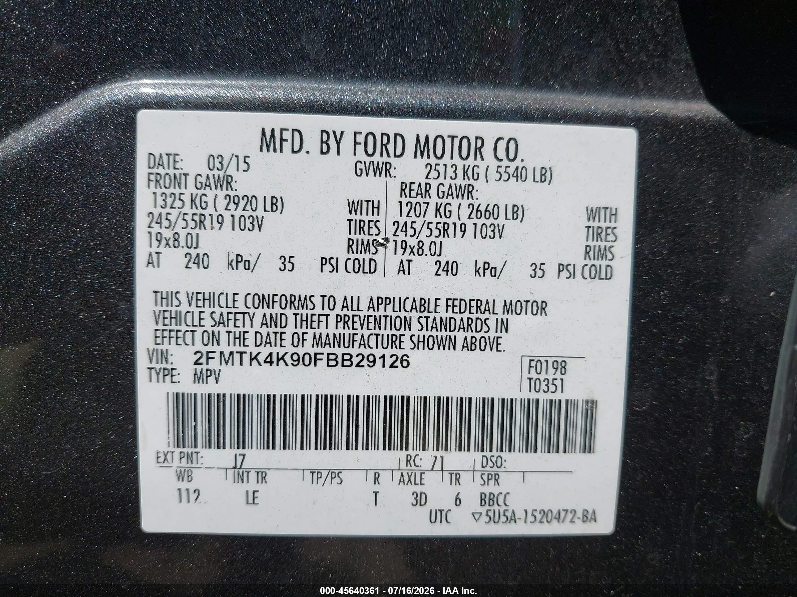 2015 Ford Edge Titanium Gray vin: 2FMTK4K90FBB29126