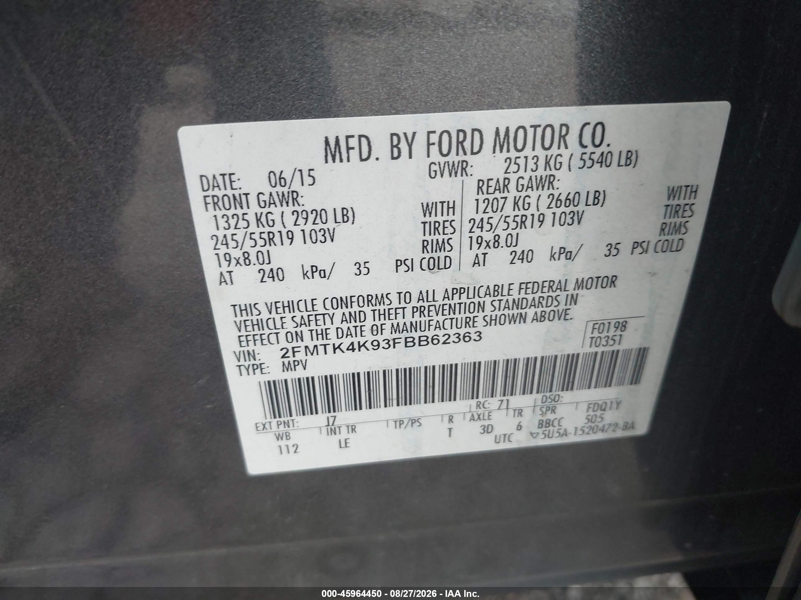 2015 Ford Edge Titanium Gray vin: 2FMTK4K93FBB62363