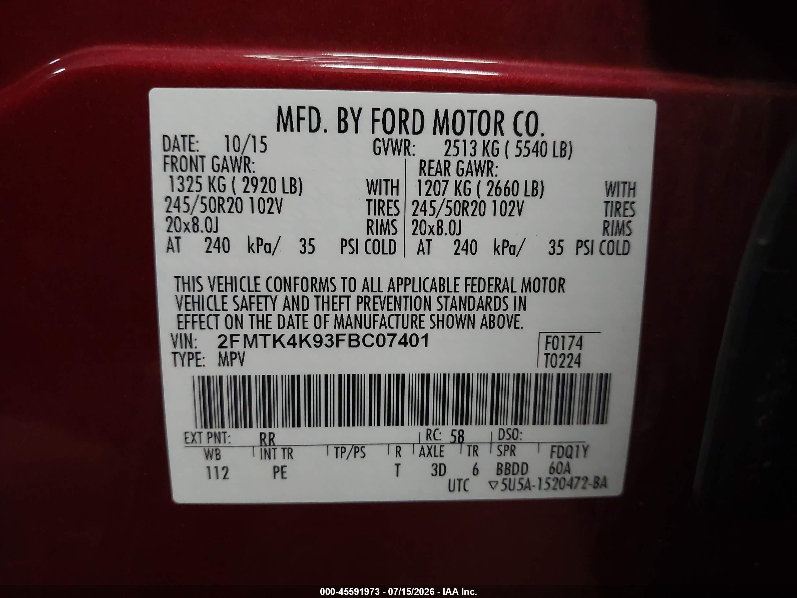 2015 Ford Edge Titanium Red vin: 2FMTK4K93FBC07401