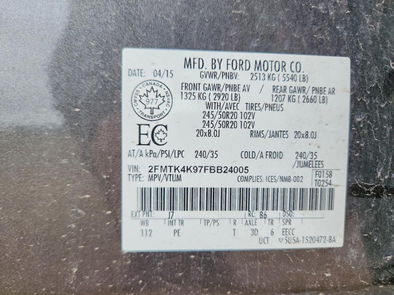 2015 Ford Edge Titanium Серый vin: 2FMTK4K97FBB24005