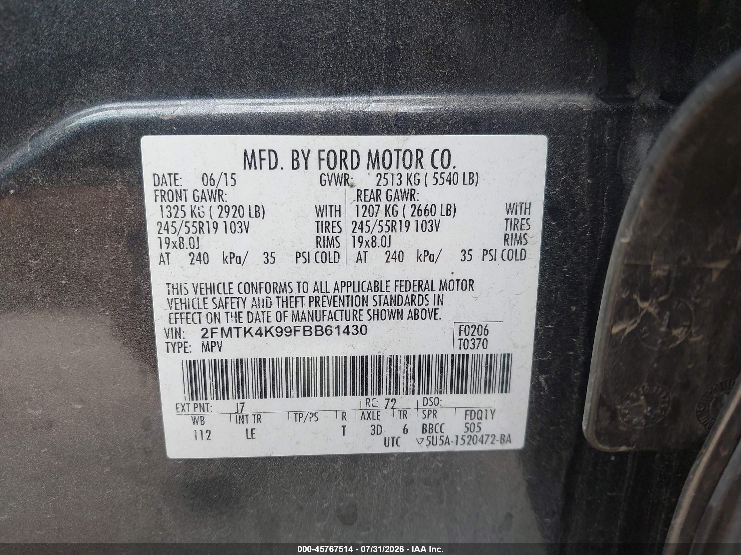 2015 Ford Edge Titanium Gray vin: 2FMTK4K99FBB61430