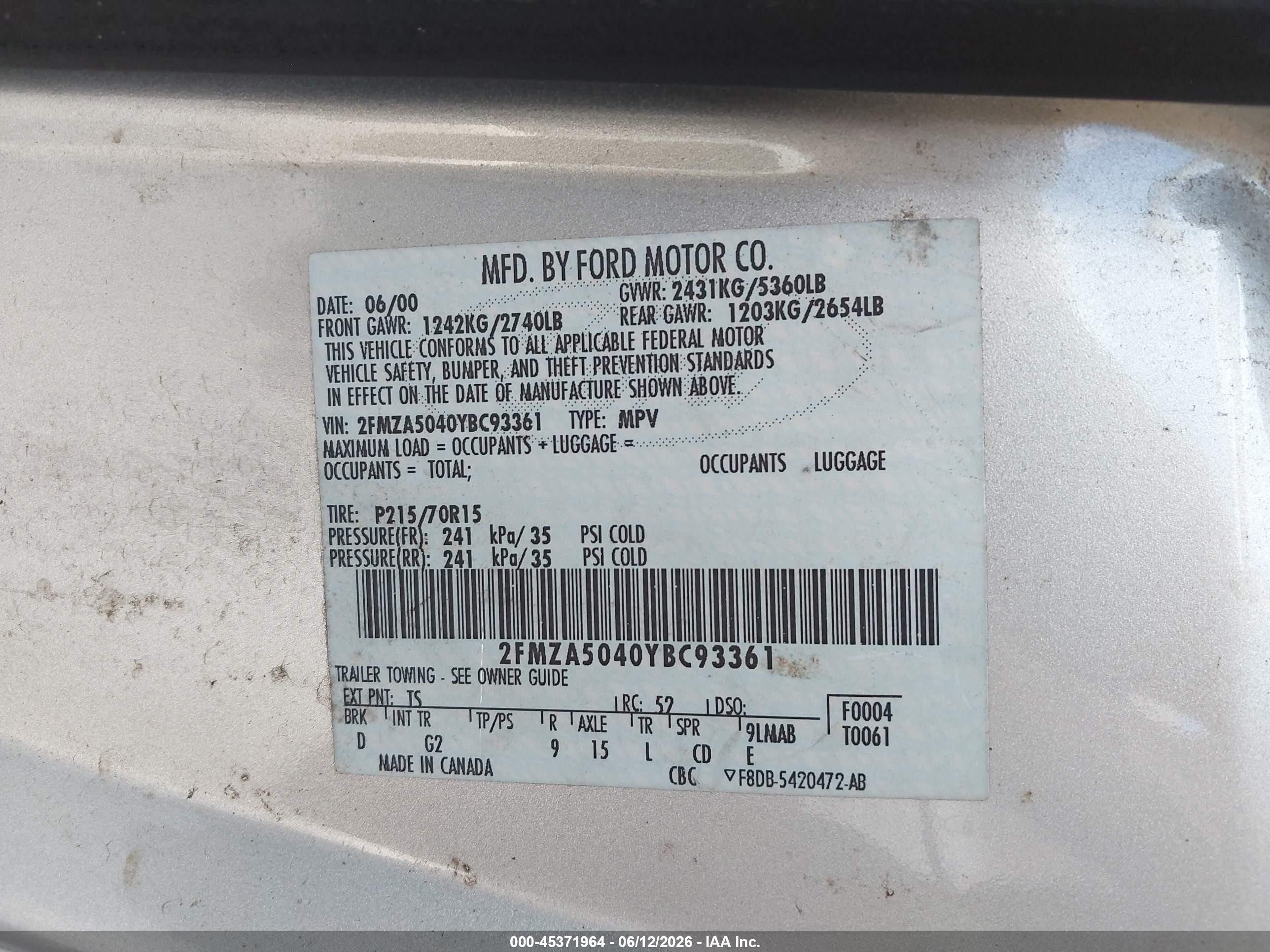 2000 Ford Windstar   Silver vin: 2FMZA5040YBC93361