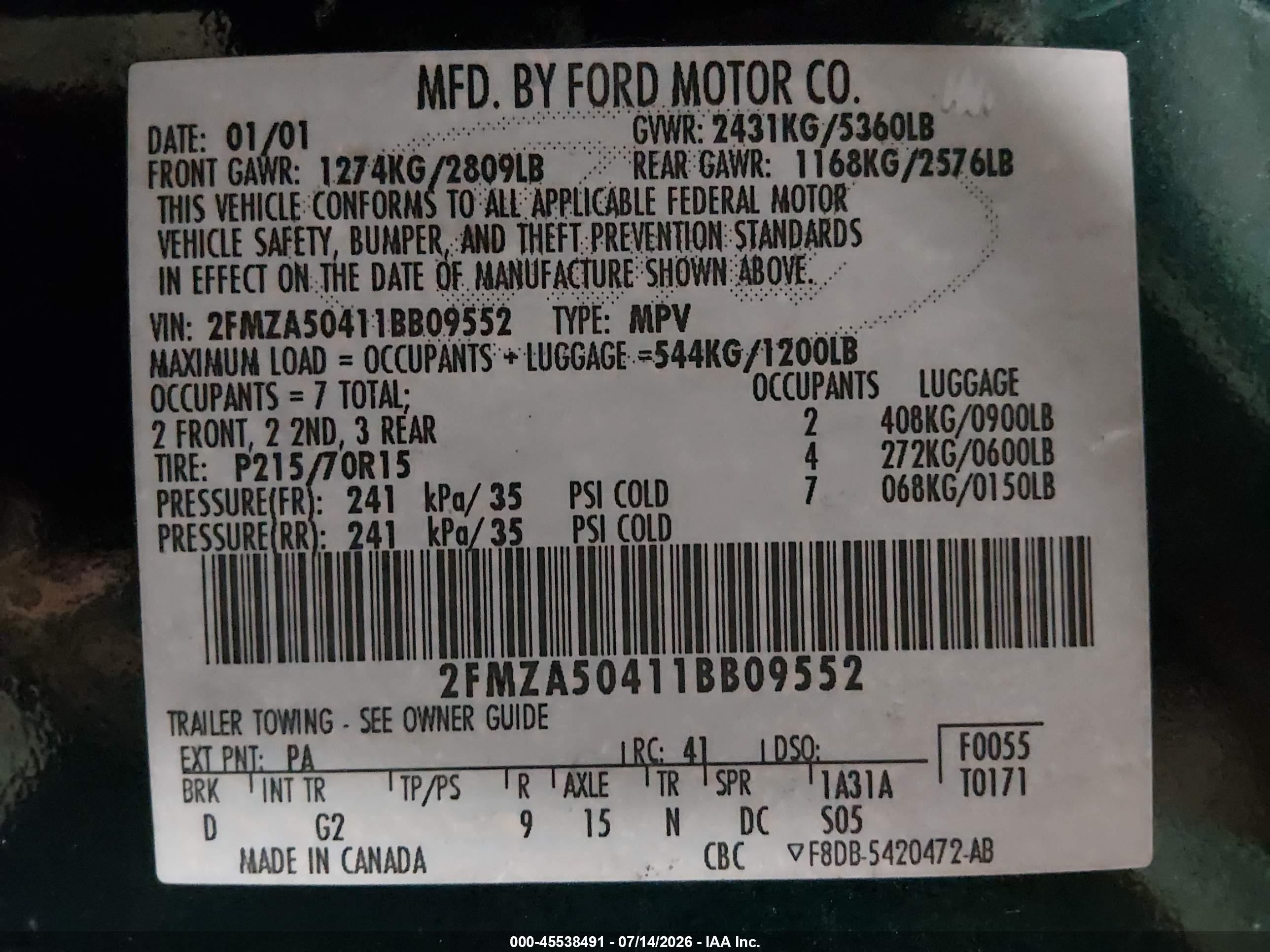 2001 Ford Windstar Lx Green vin: 2FMZA50411BB09552