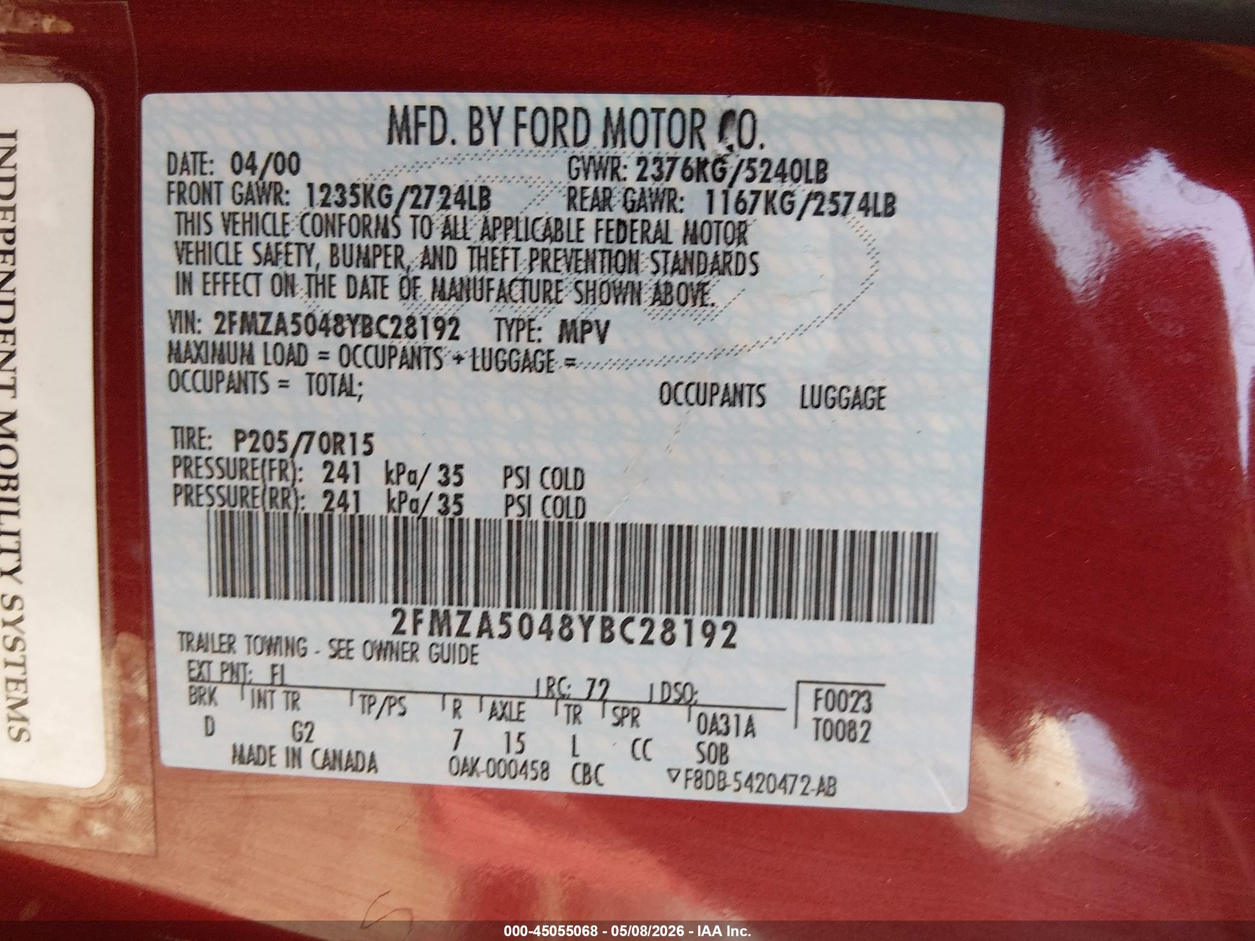 2000 Ford Windstar   Red vin: 2FMZA5048YBC28192