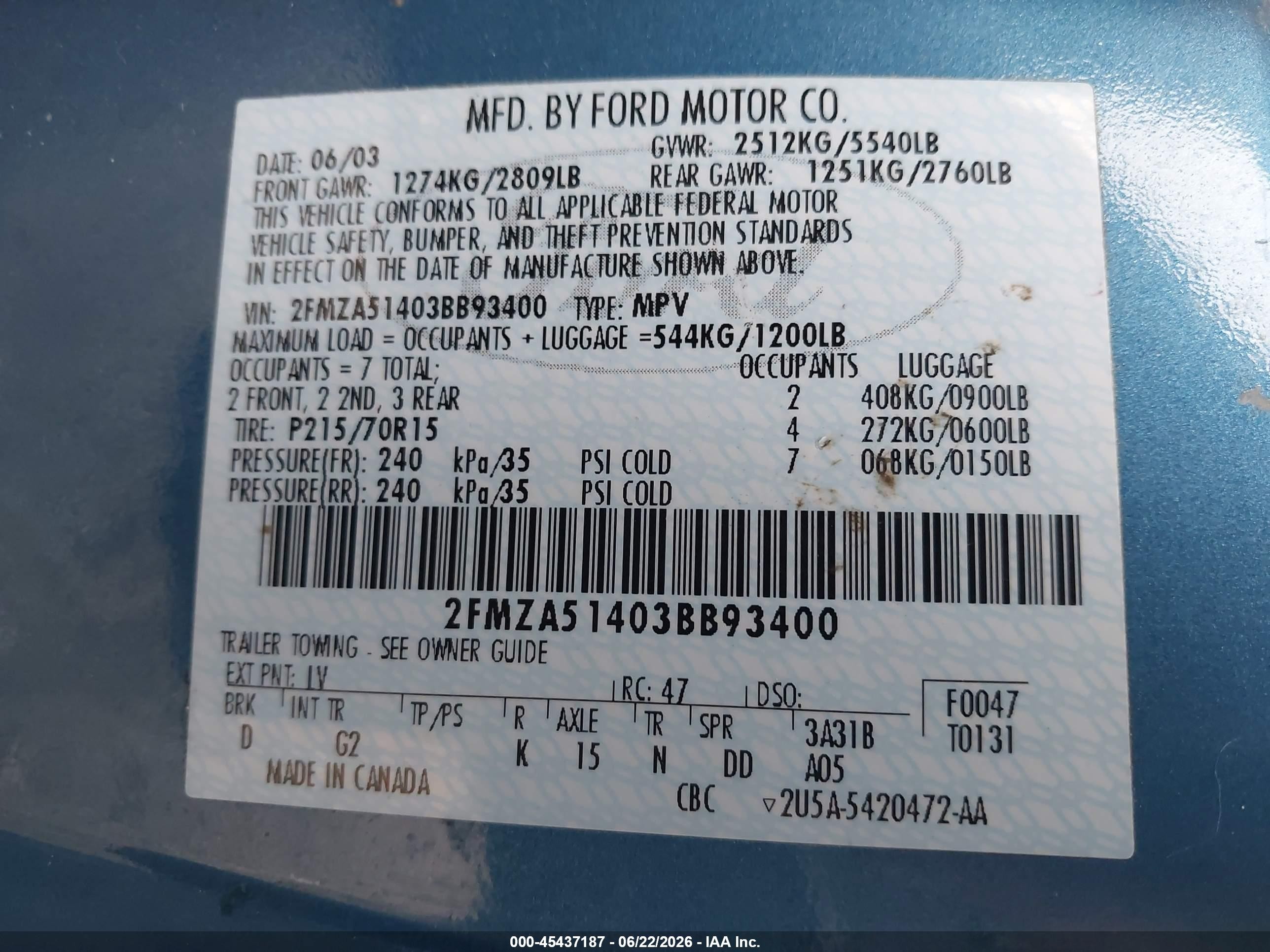 2003 Ford Windstar Lx Blue vin: 2FMZA51403BB93400