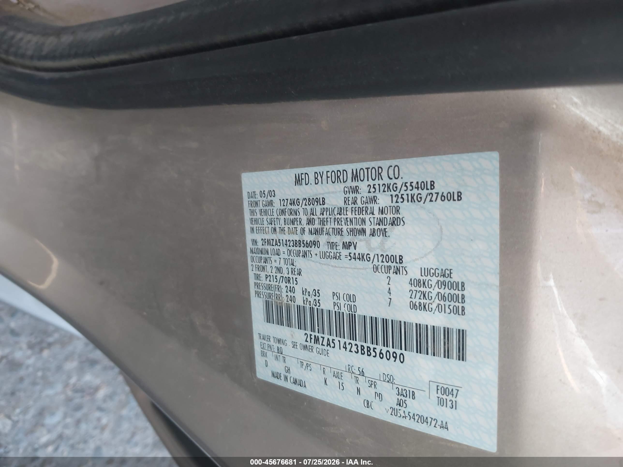 2003 Ford Windstar Lx Gold vin: 2FMZA51423BB56090