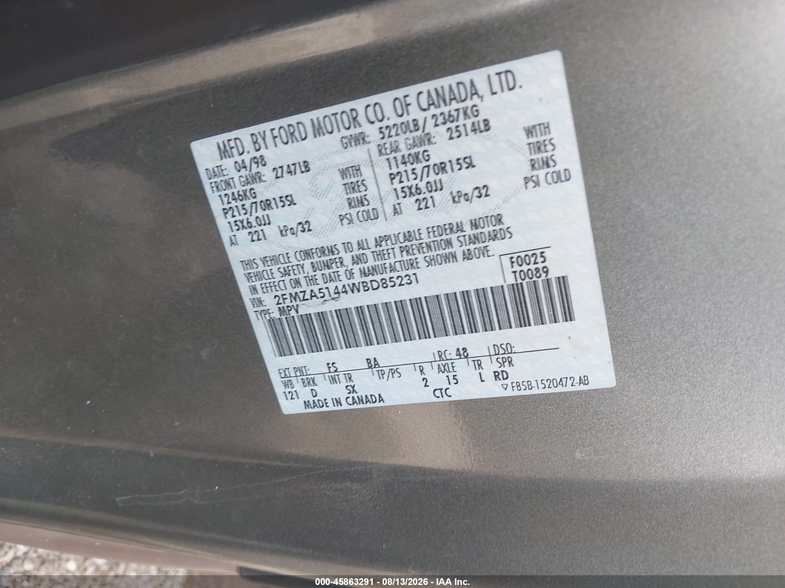 1998 Ford Windstar Wagon Green vin: 2FMZA5144WBD85231