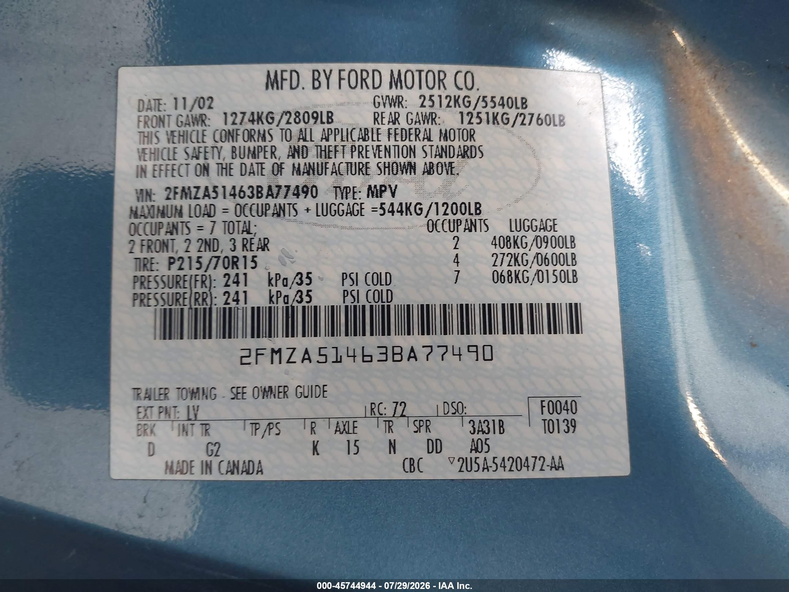 2003 Ford Windstar Lx Blue vin: 2FMZA51463BA77490