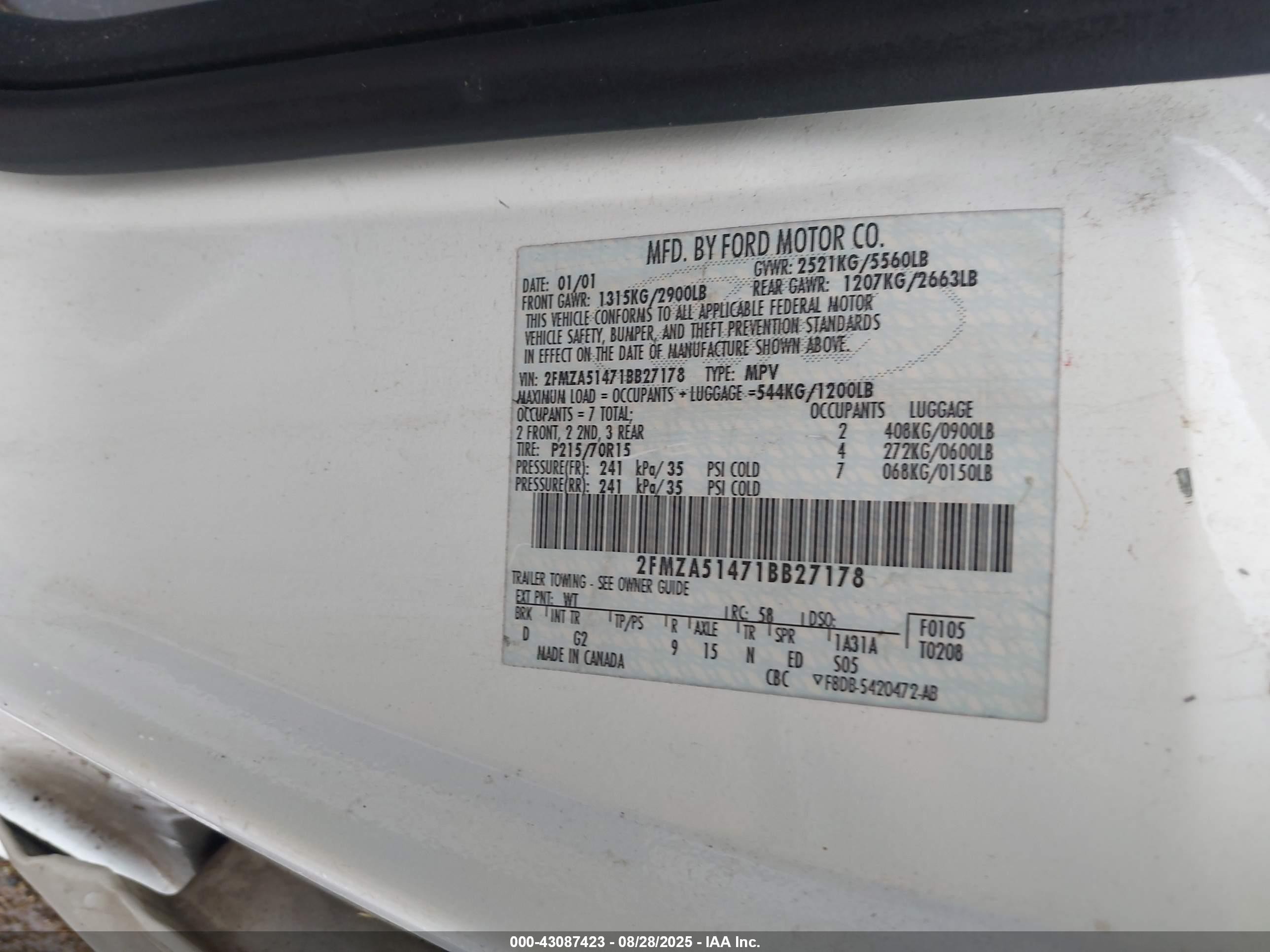 2001 Ford Windstar Lx White vin: 2FMZA51471BB27178