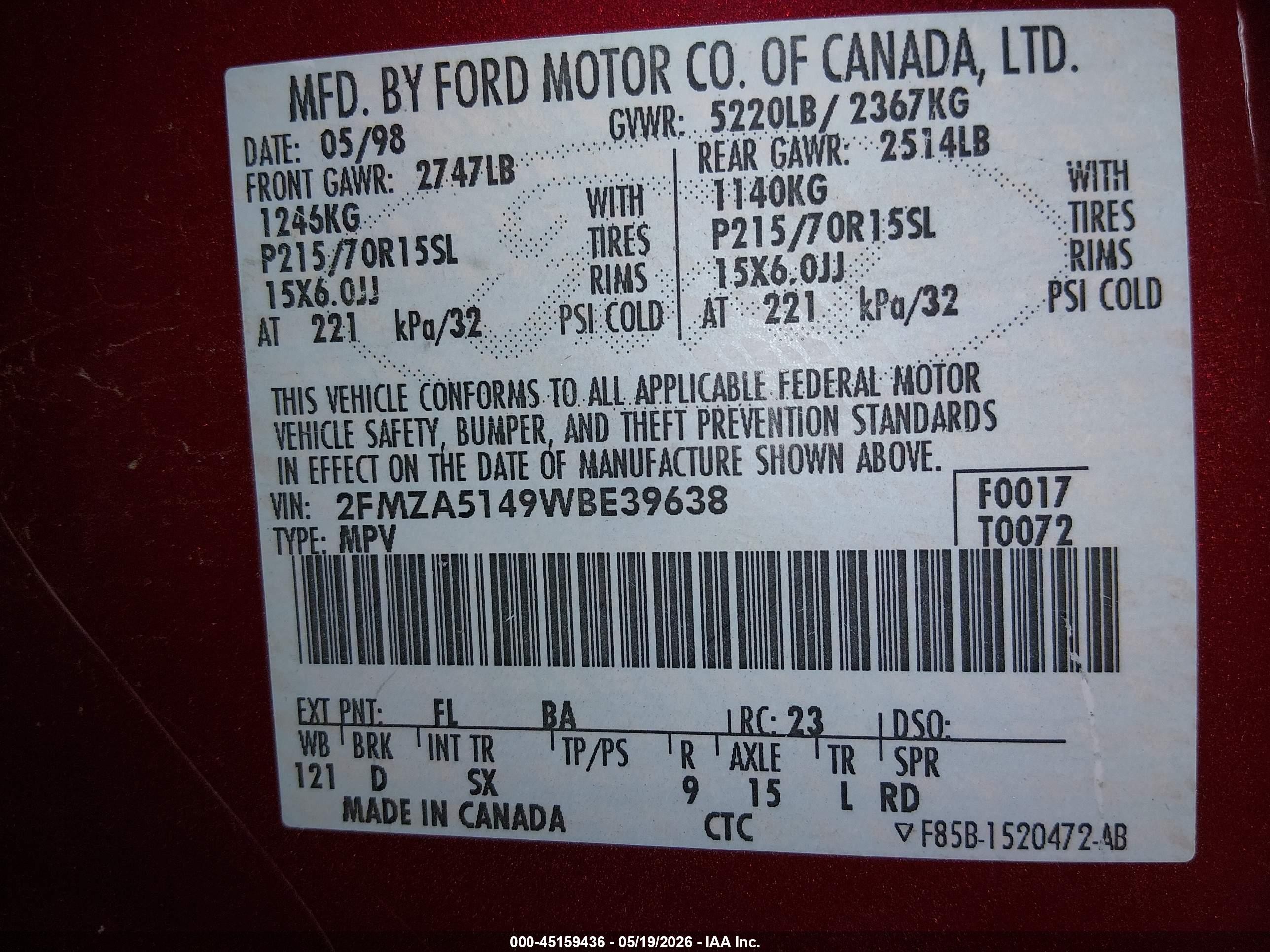 1998 Ford Windstar Gl/limited/lx Red vin: 2FMZA5149WBE39638