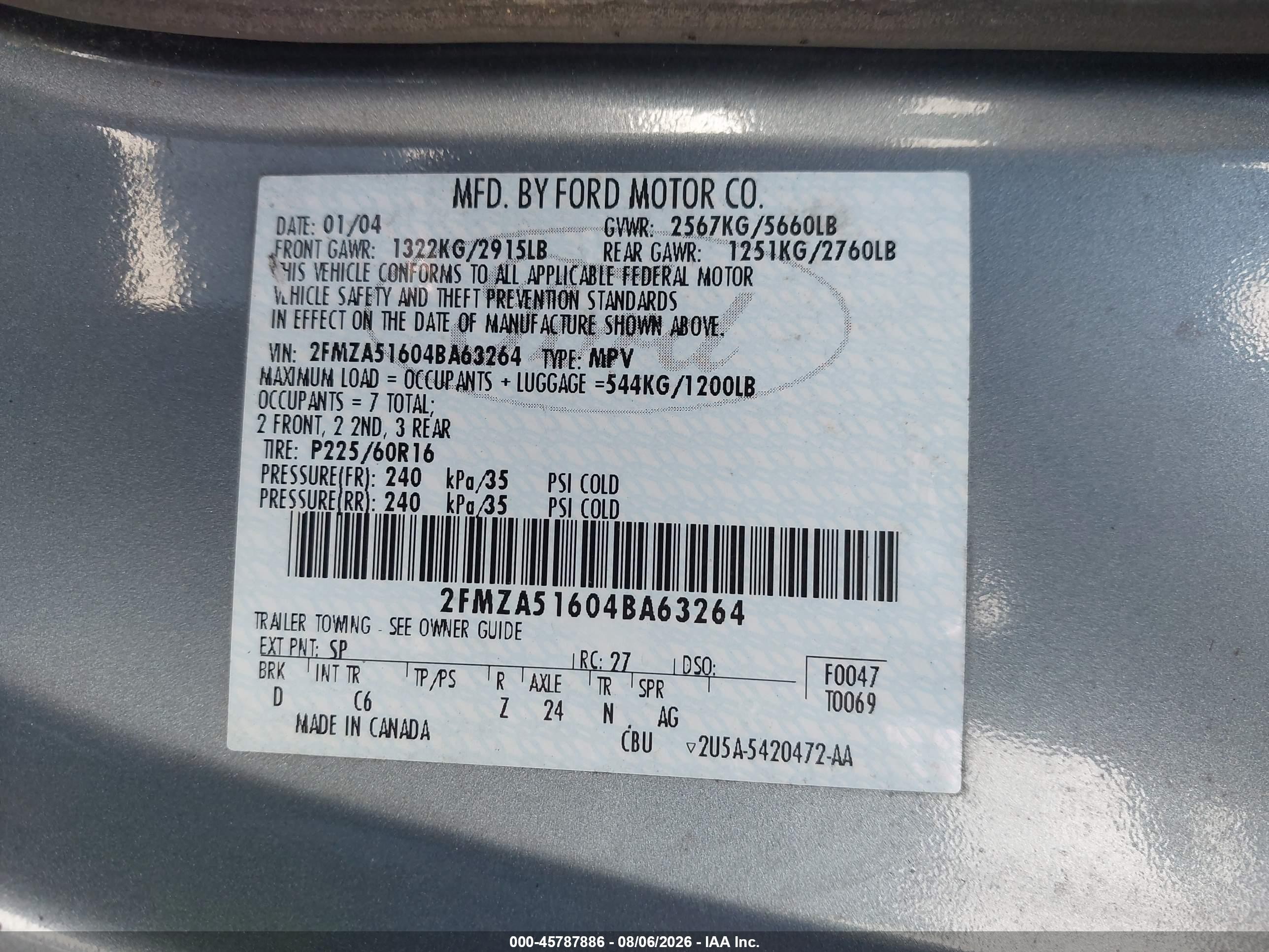 2004 Ford Freestar Se Blue vin: 2FMZA51604BA63264