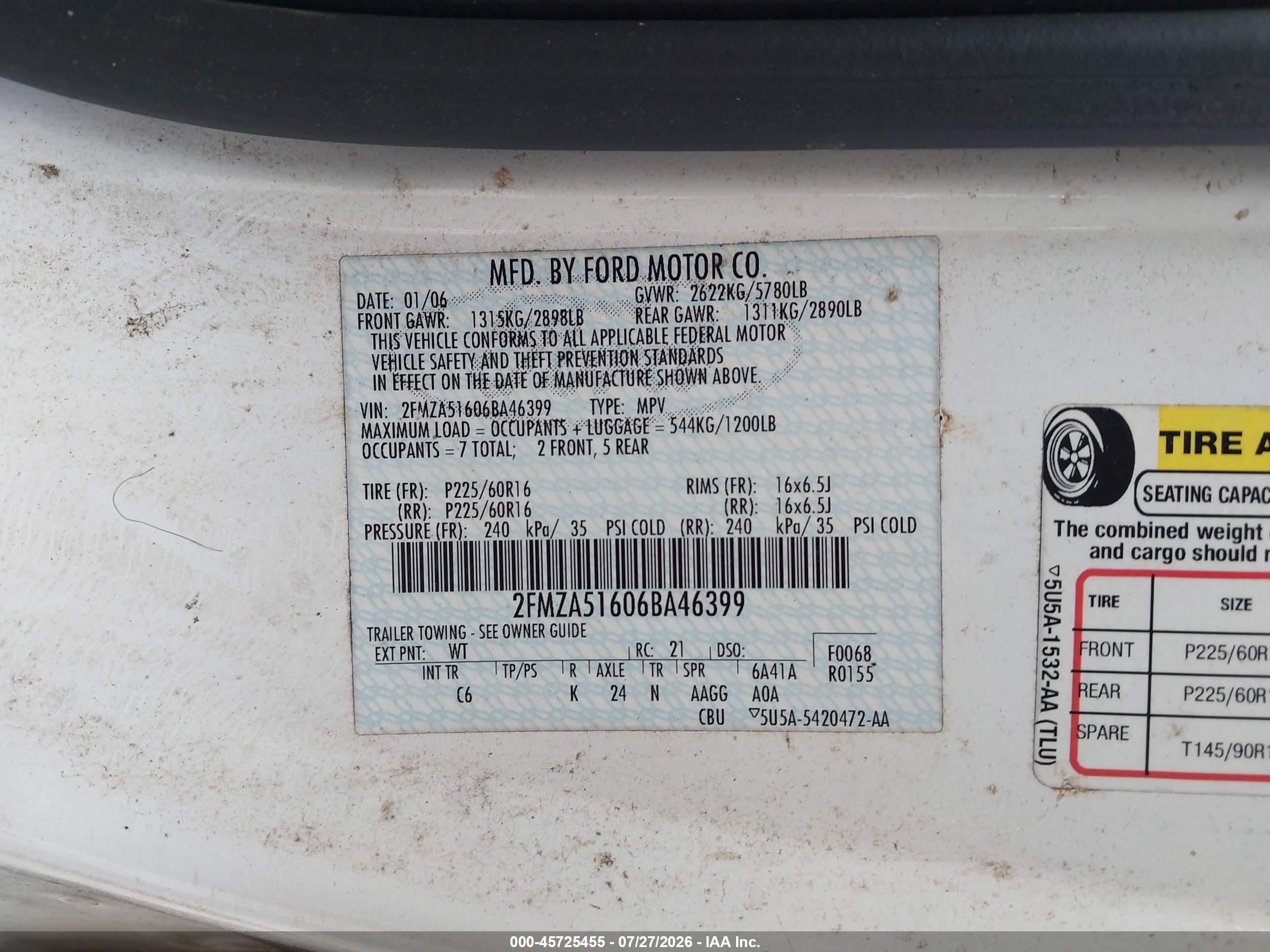 2006 Ford Freestar Se White vin: 2FMZA51606BA46399