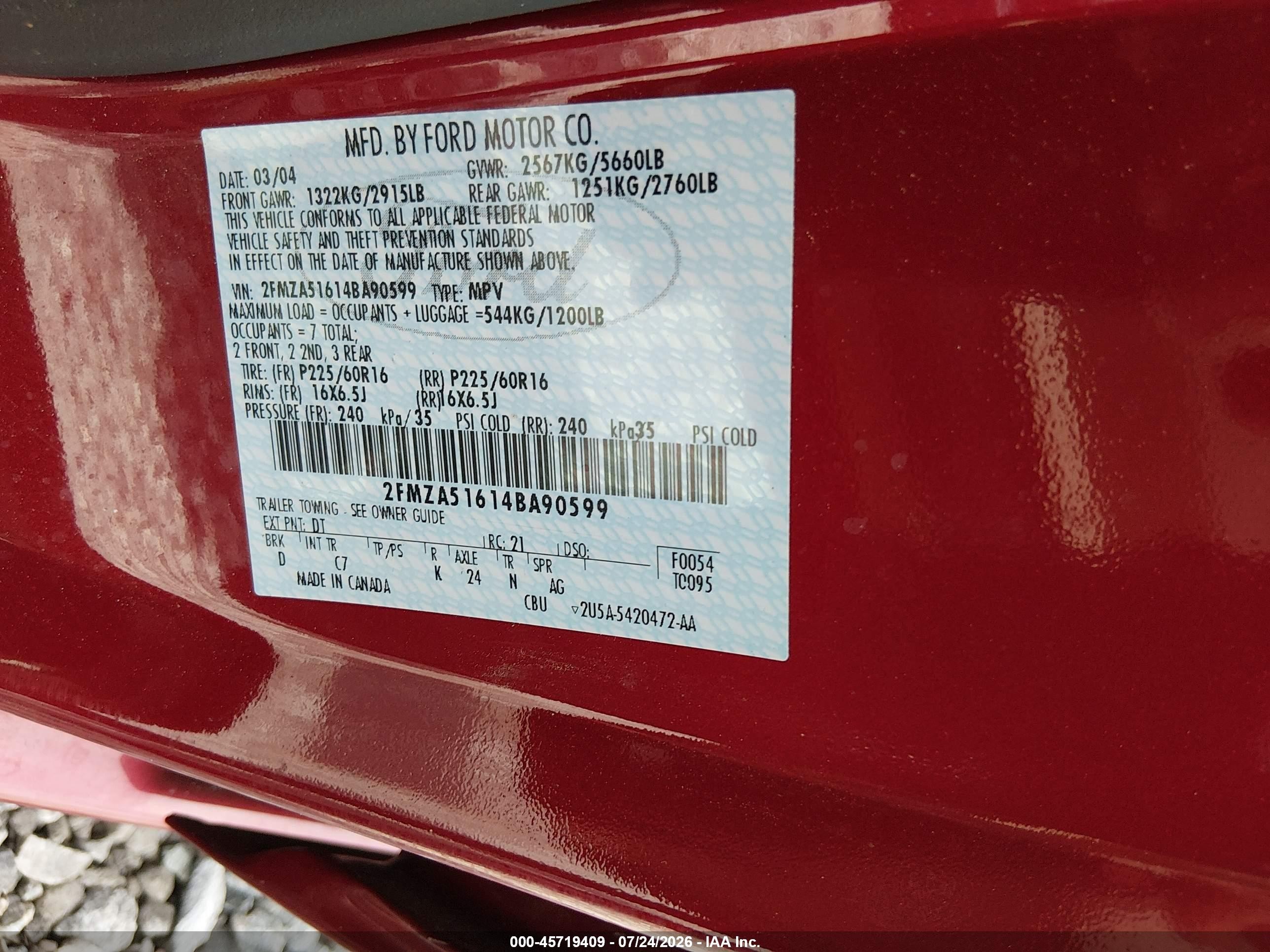 2004 Ford Freestar Se Red vin: 2FMZA51614BA90599
