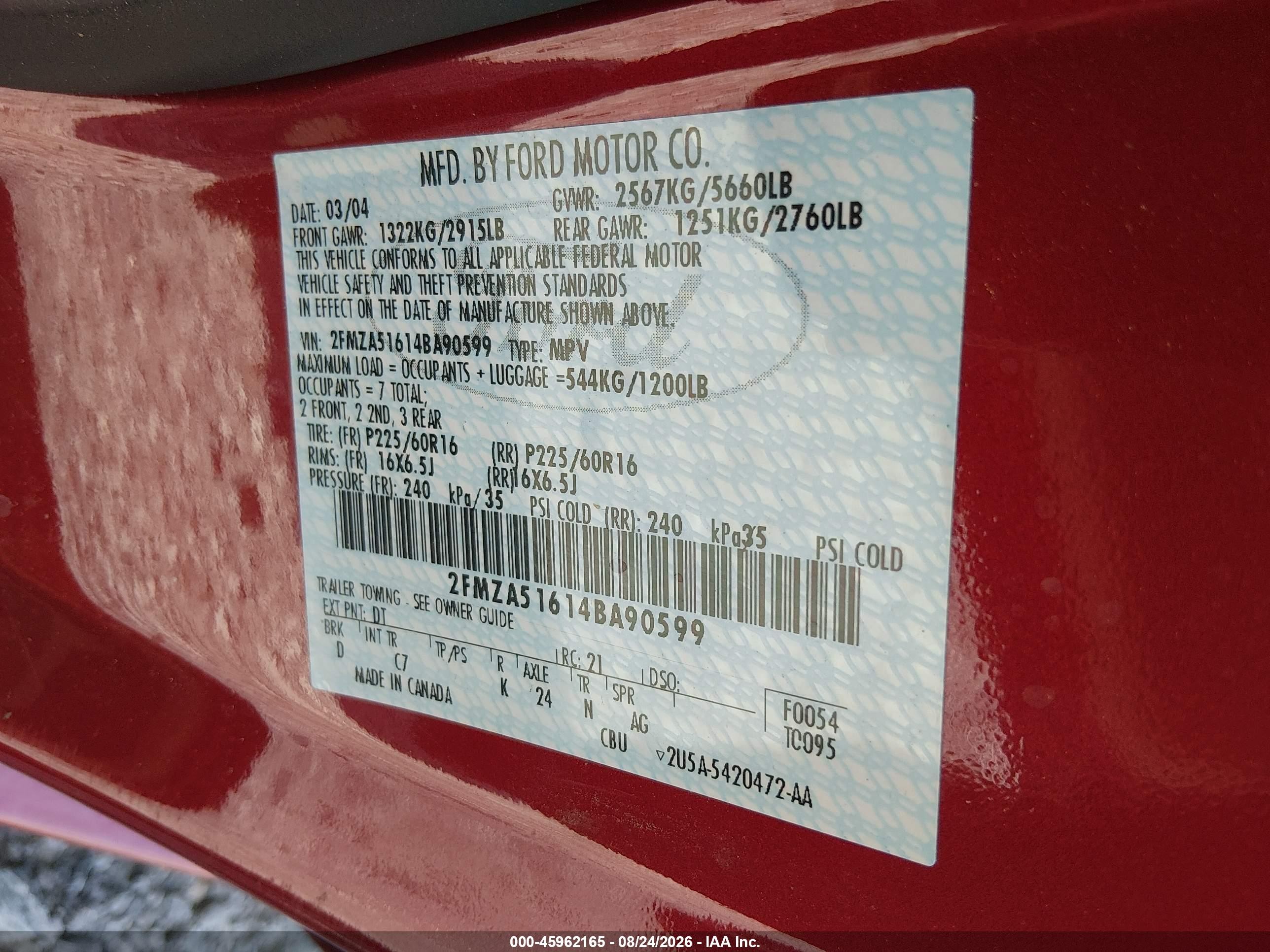 2004 Ford Freestar Se Red vin: 2FMZA51614BA90599
