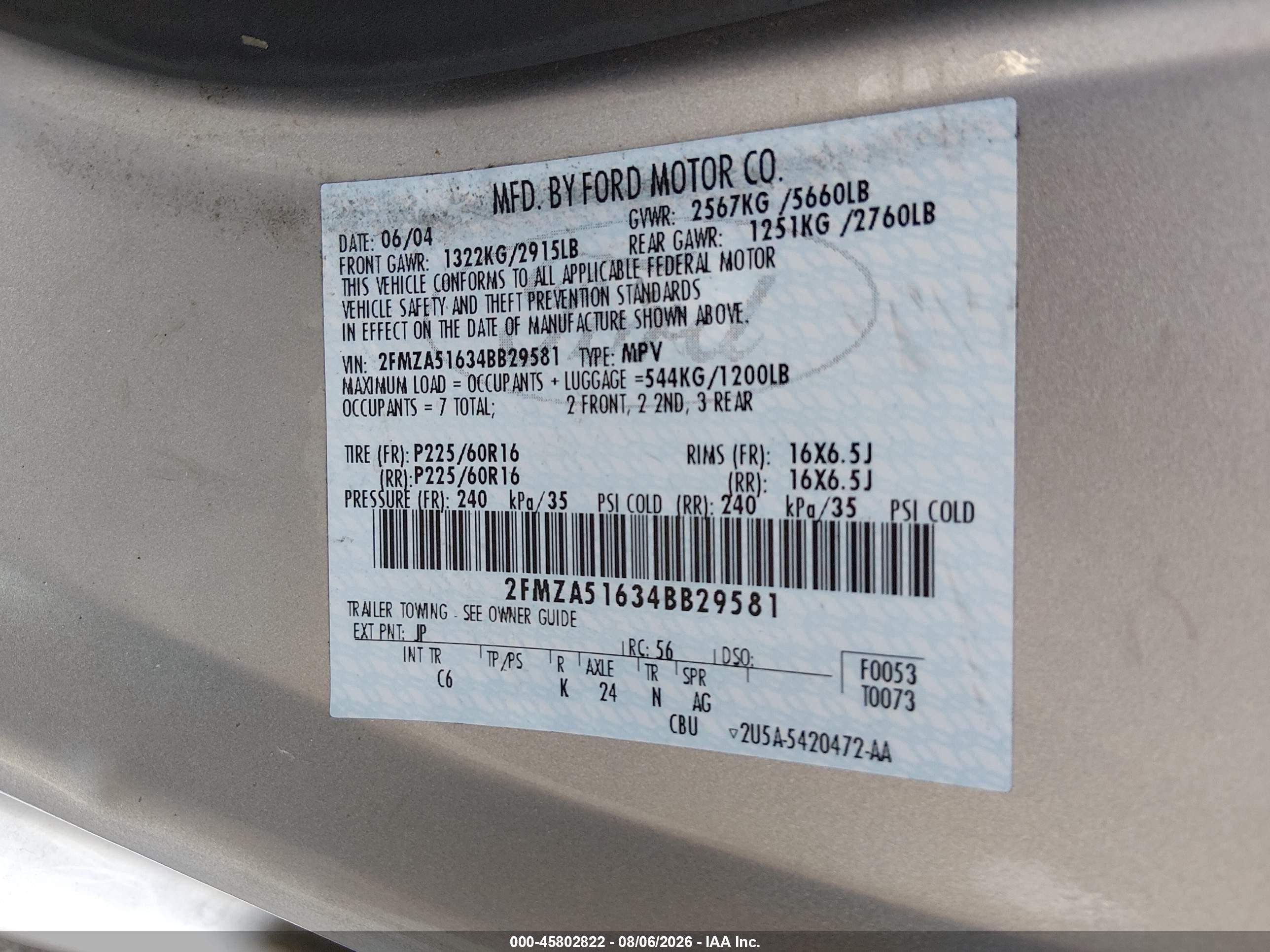 2004 Ford Freestar Se Silver vin: 2FMZA51634BB29581