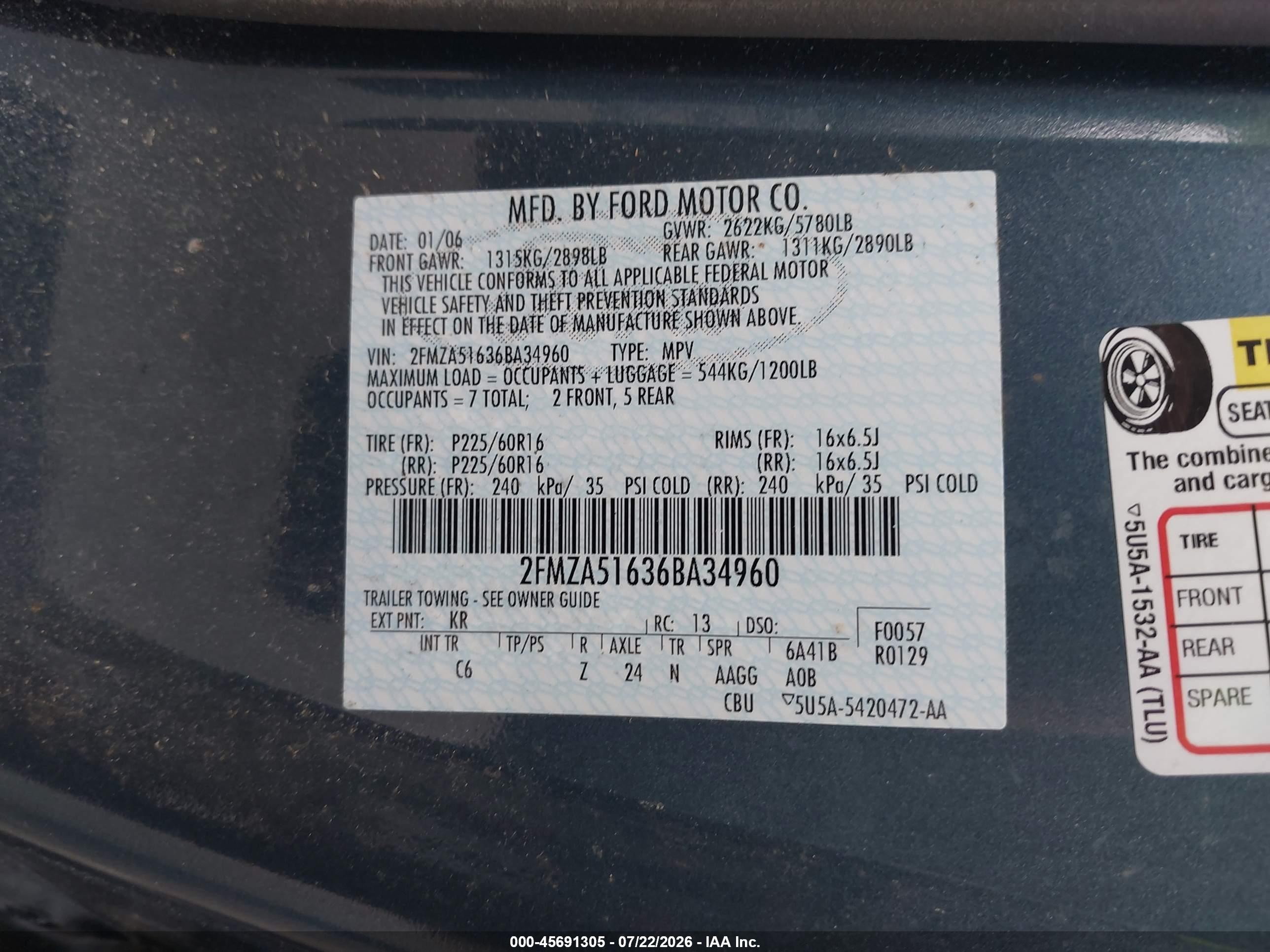 2006 Ford Freestar Se Blue vin: 2FMZA51636BA34960