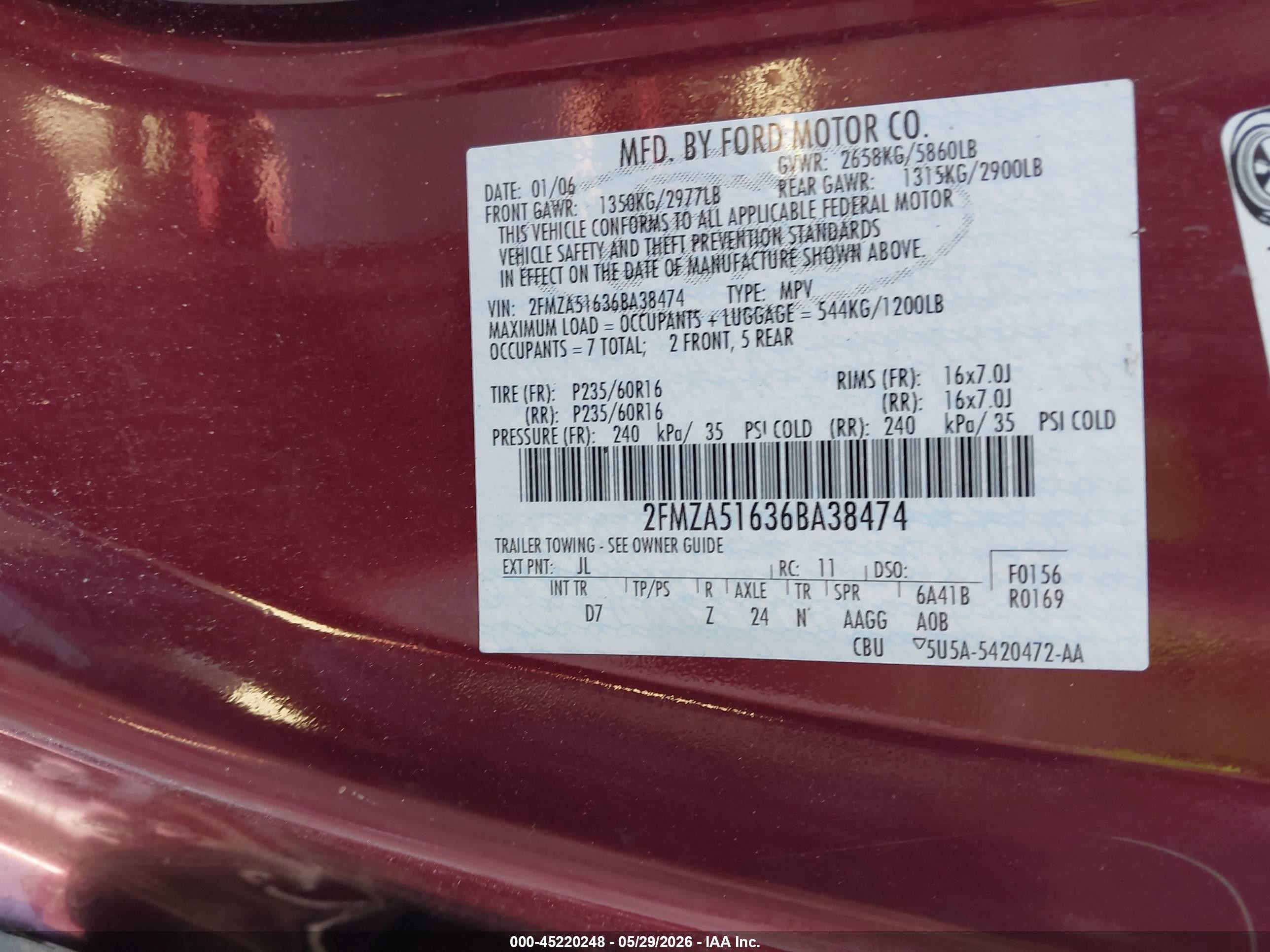 2006 Ford Freestar Se Burgundy vin: 2FMZA51636BA38474