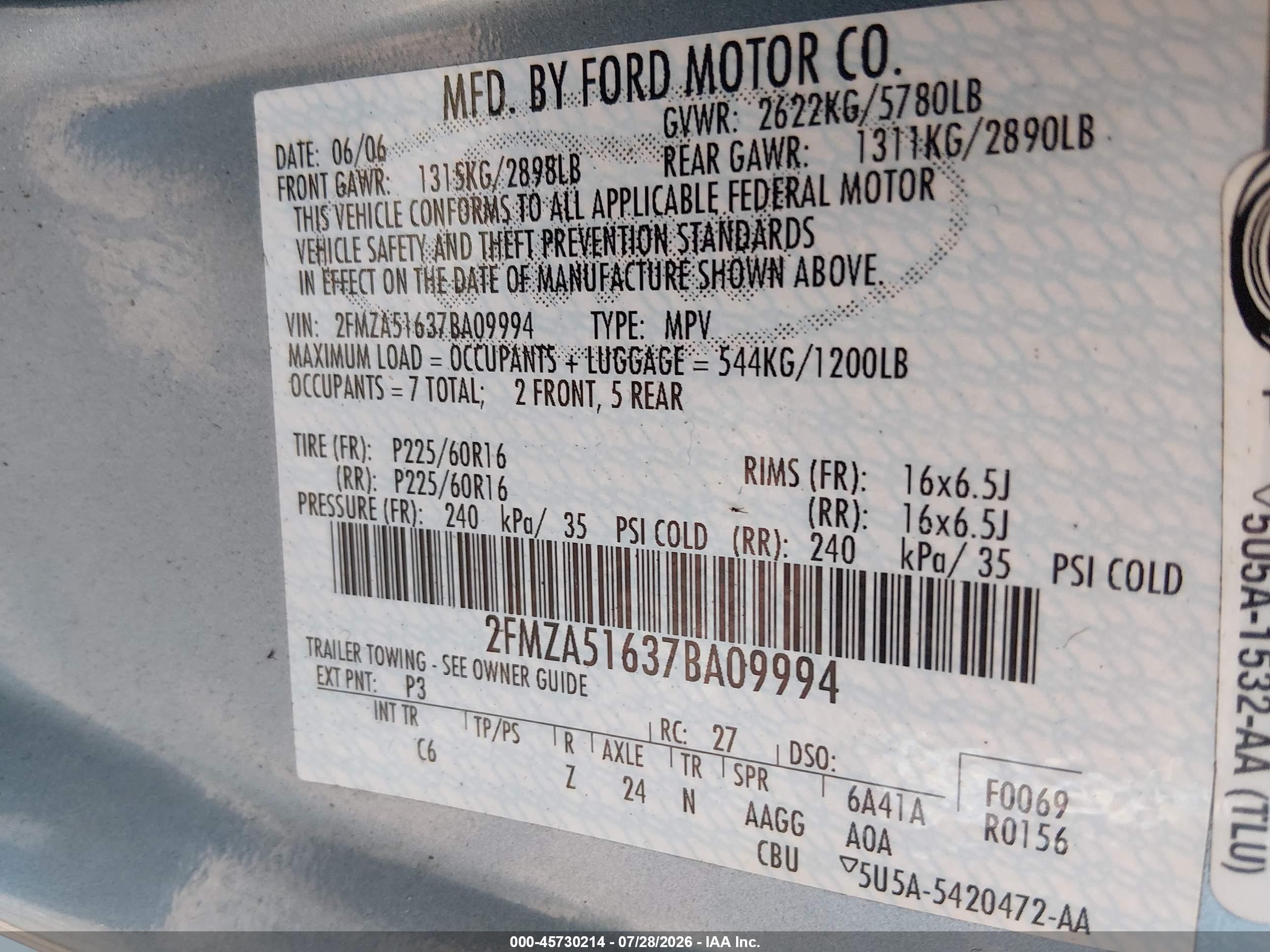 2007 Ford Freestar Se Blue vin: 2FMZA51637BA09994