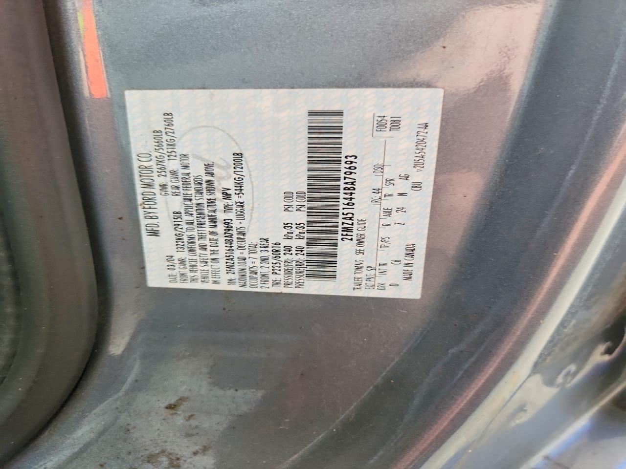 2004 Ford Freestar Lane Blue vin: 2FMZA51644BA79693