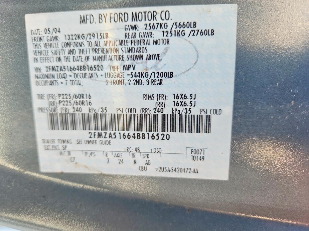 2004 Ford Freestar Se Синий vin: 2FMZA51664BB16520