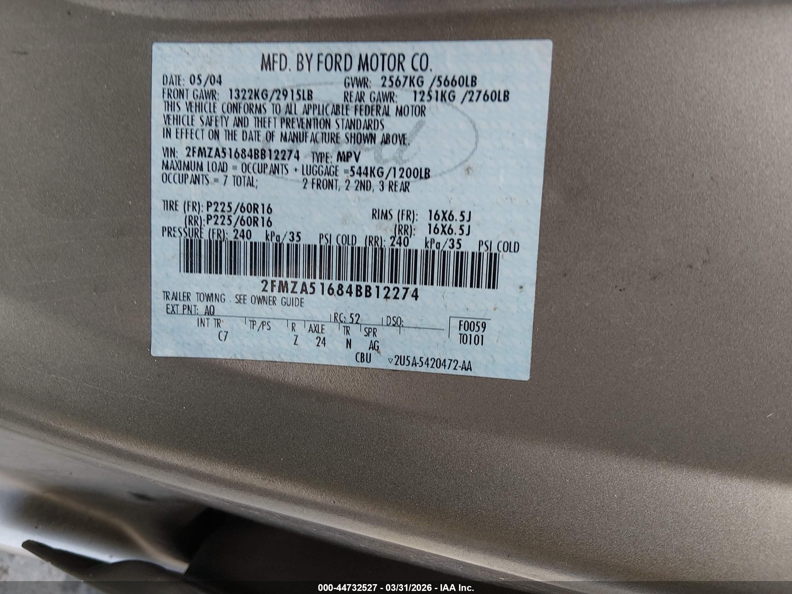 2004 Ford Freestar Se Brown vin: 2FMZA51684BB12274