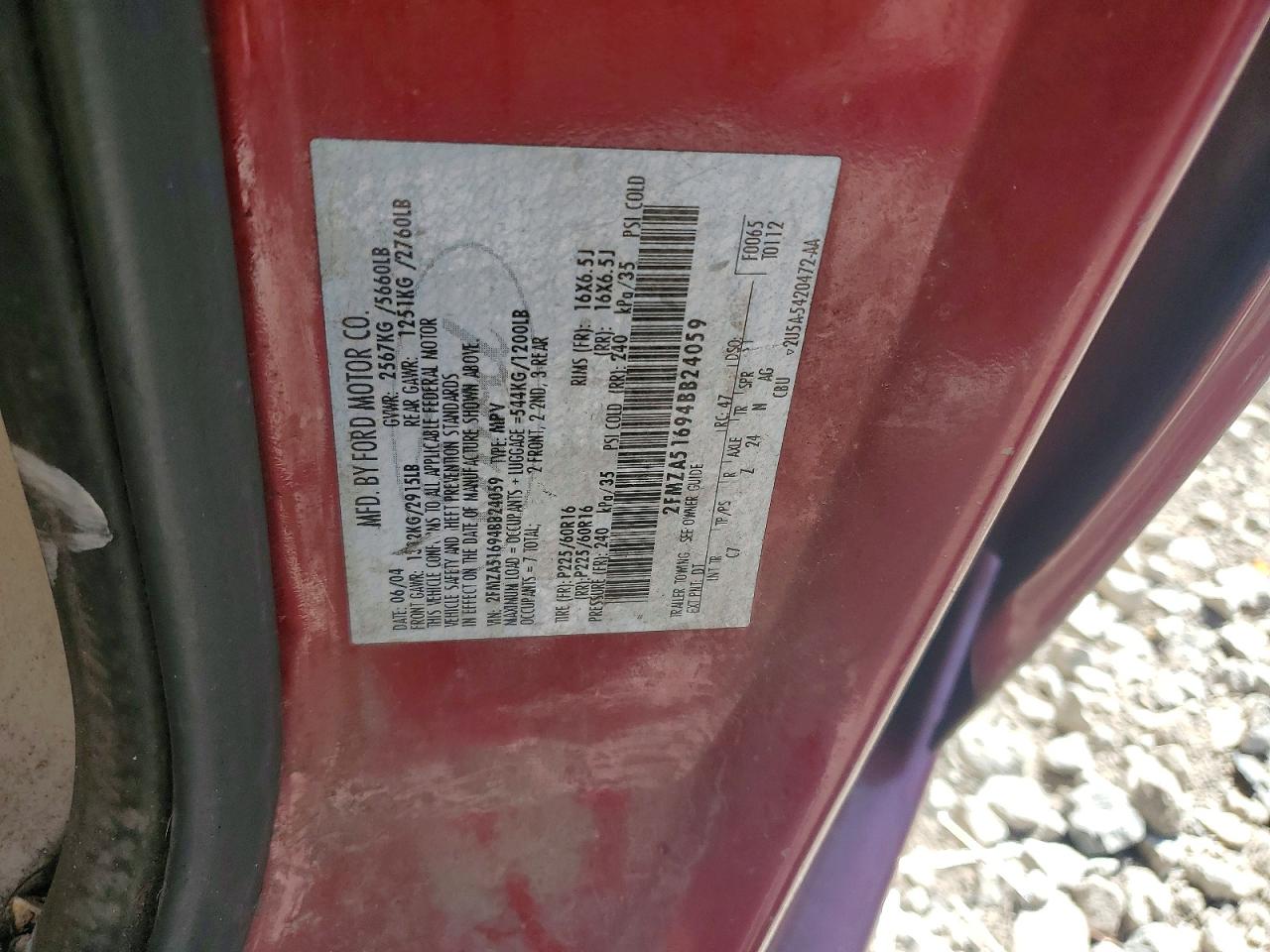 2004 Ford Freestar Red vin: 2FMZA51694BB24059