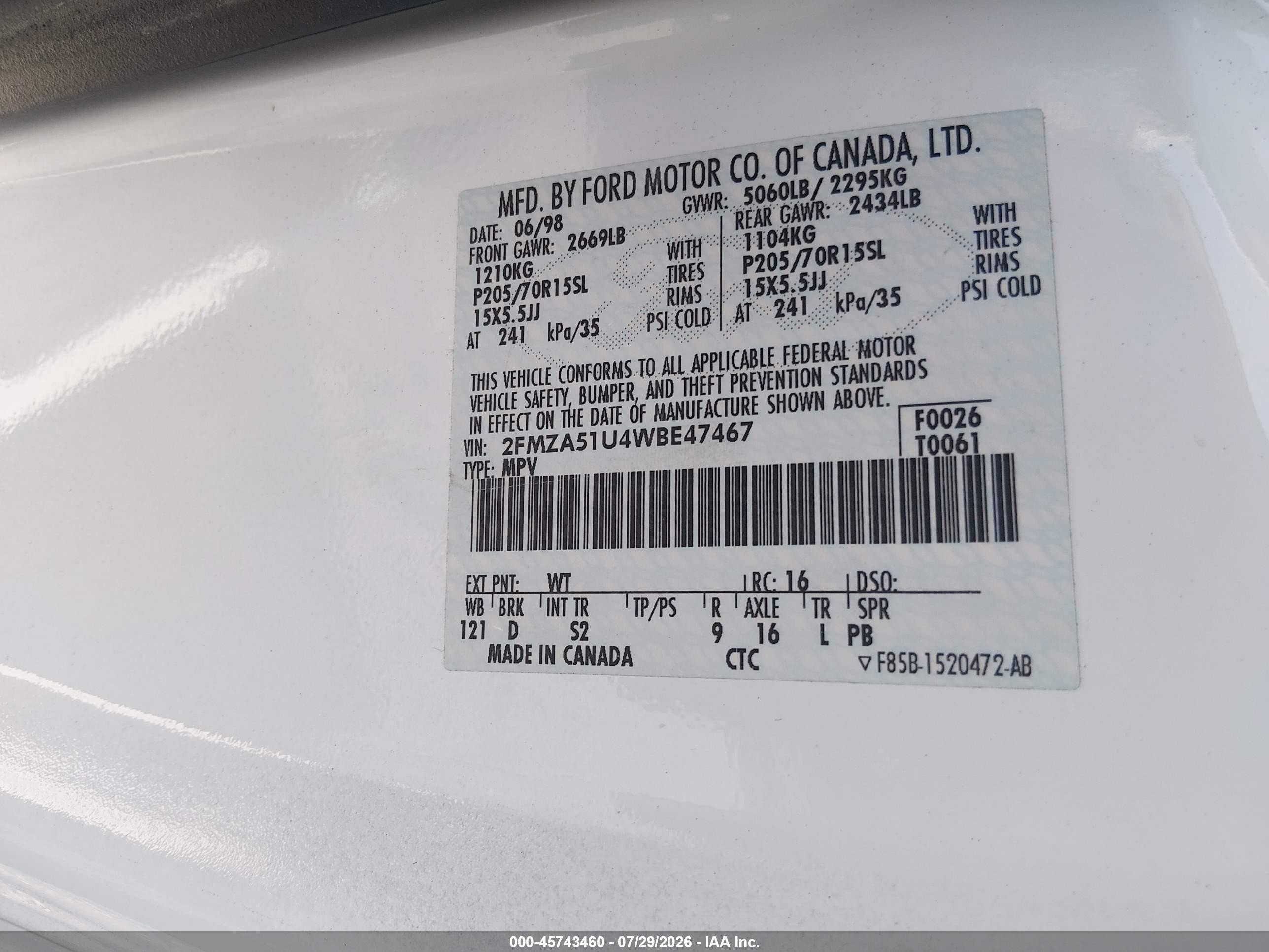 1998 Ford Windstar Gl White vin: 2FMZA51U4WBE47467
