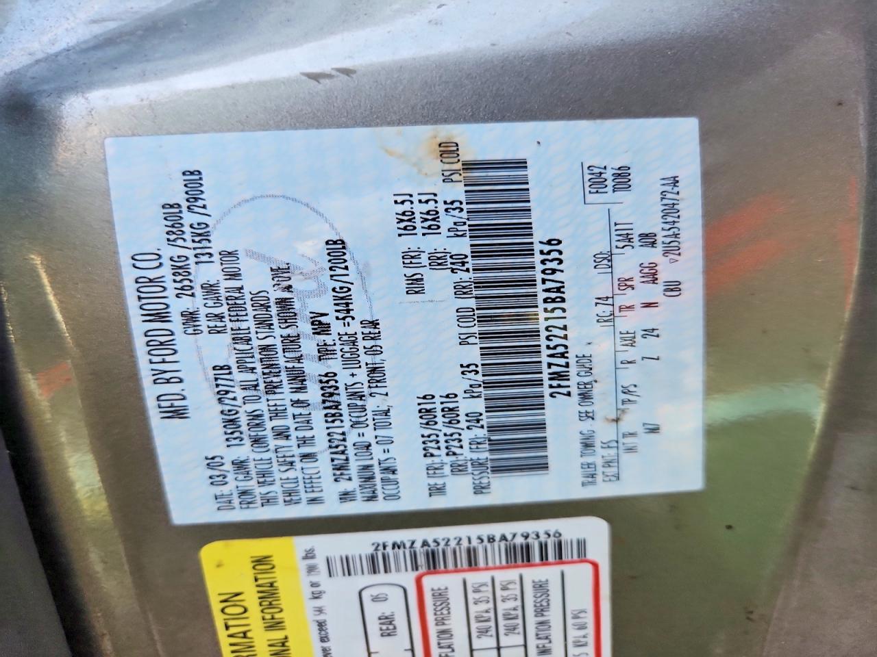 2005 Ford Freestar Gold vin: 2FMZA52215BA79356