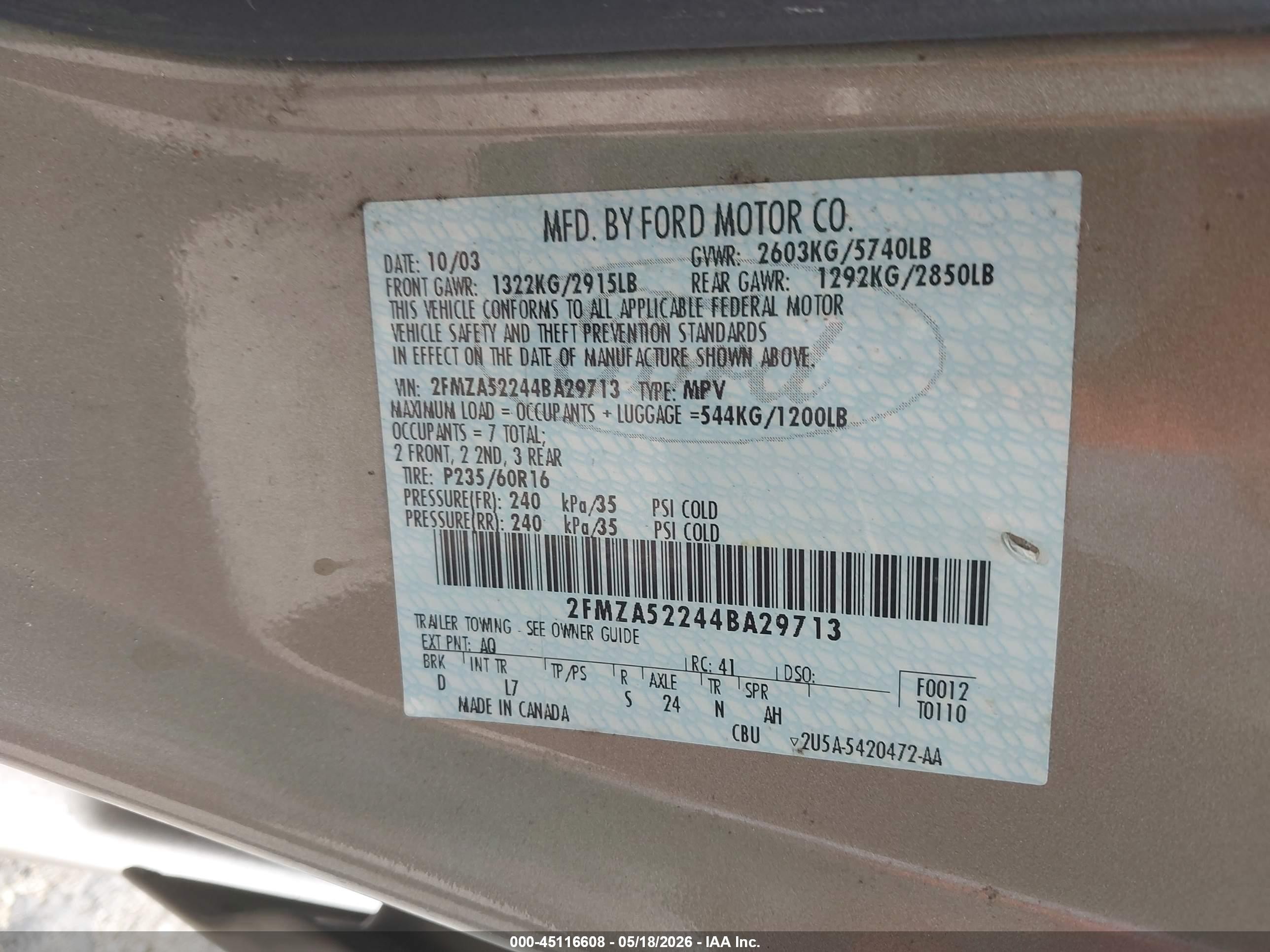 2004 Ford Freestar Sel Beige vin: 2FMZA52244BA29713