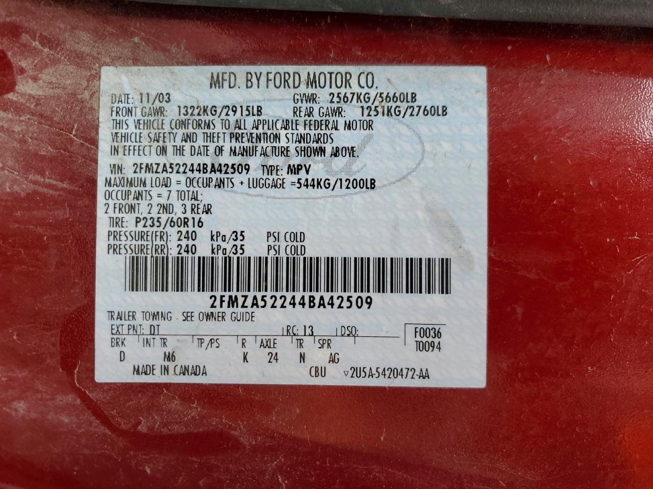 2004 Ford Freestar Sel Красный vin: 2FMZA52244BA42509