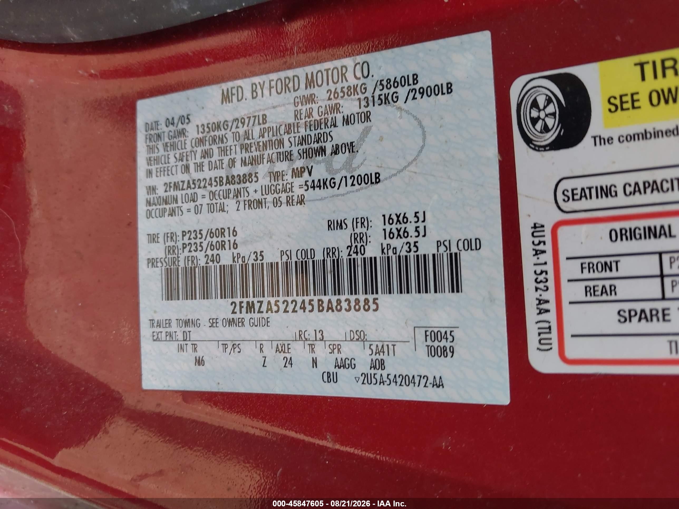 2005 Ford Freestar Sel Red vin: 2FMZA52245BA83885