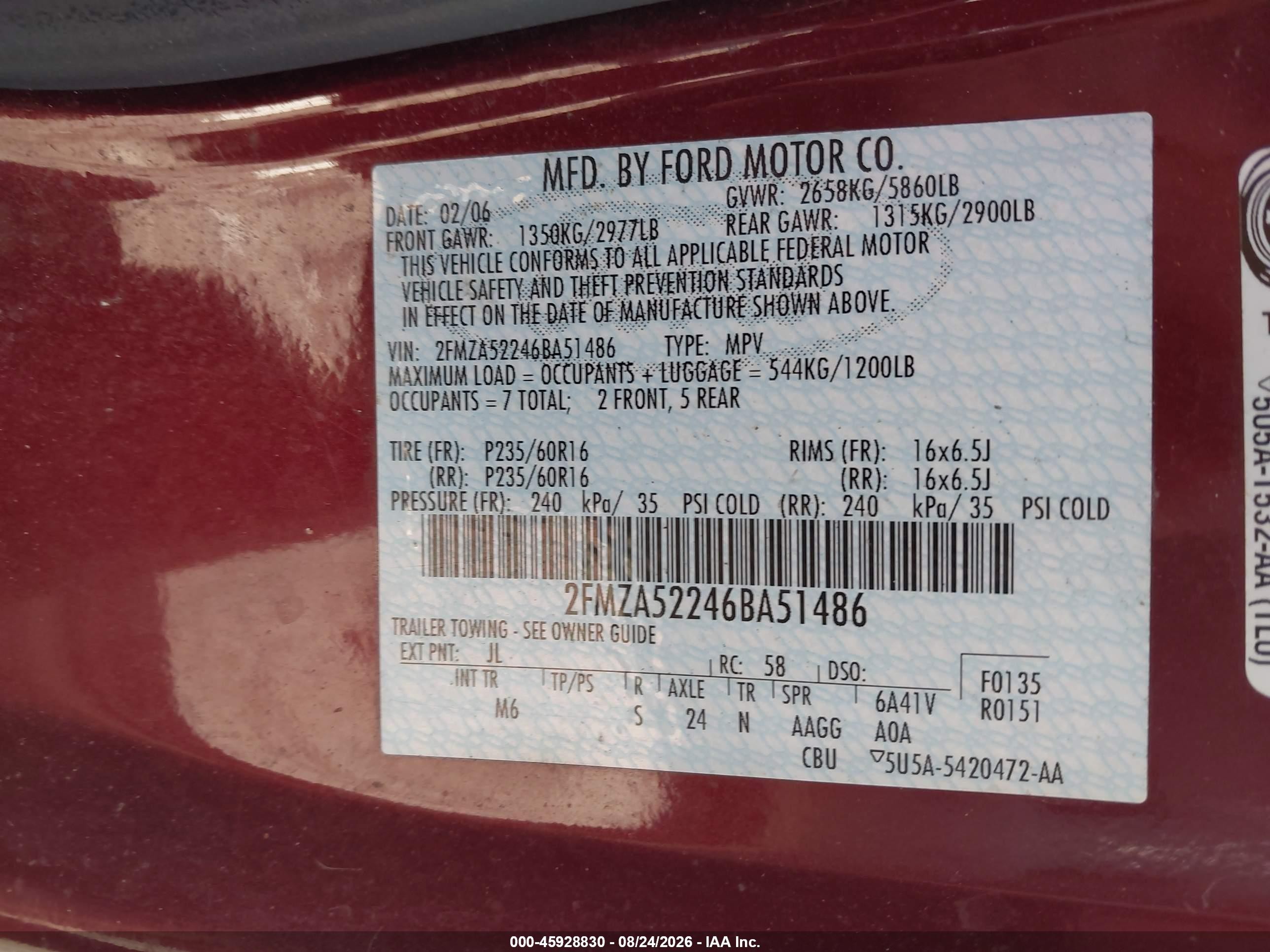 2006 Ford Freestar Sel Red vin: 2FMZA52246BA51486
