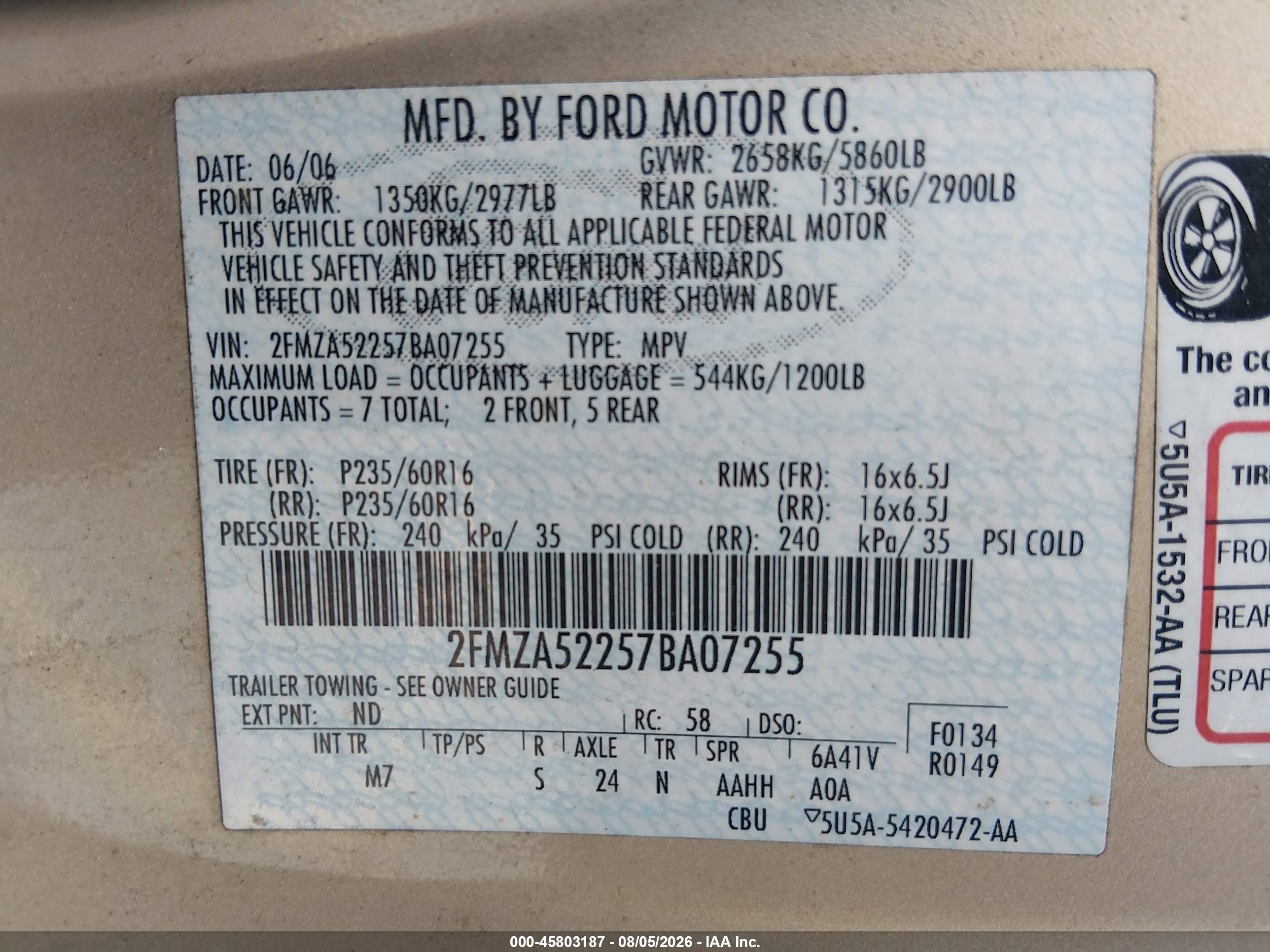 2007 Ford Freestar Sel Gold vin: 2FMZA52257BA07255