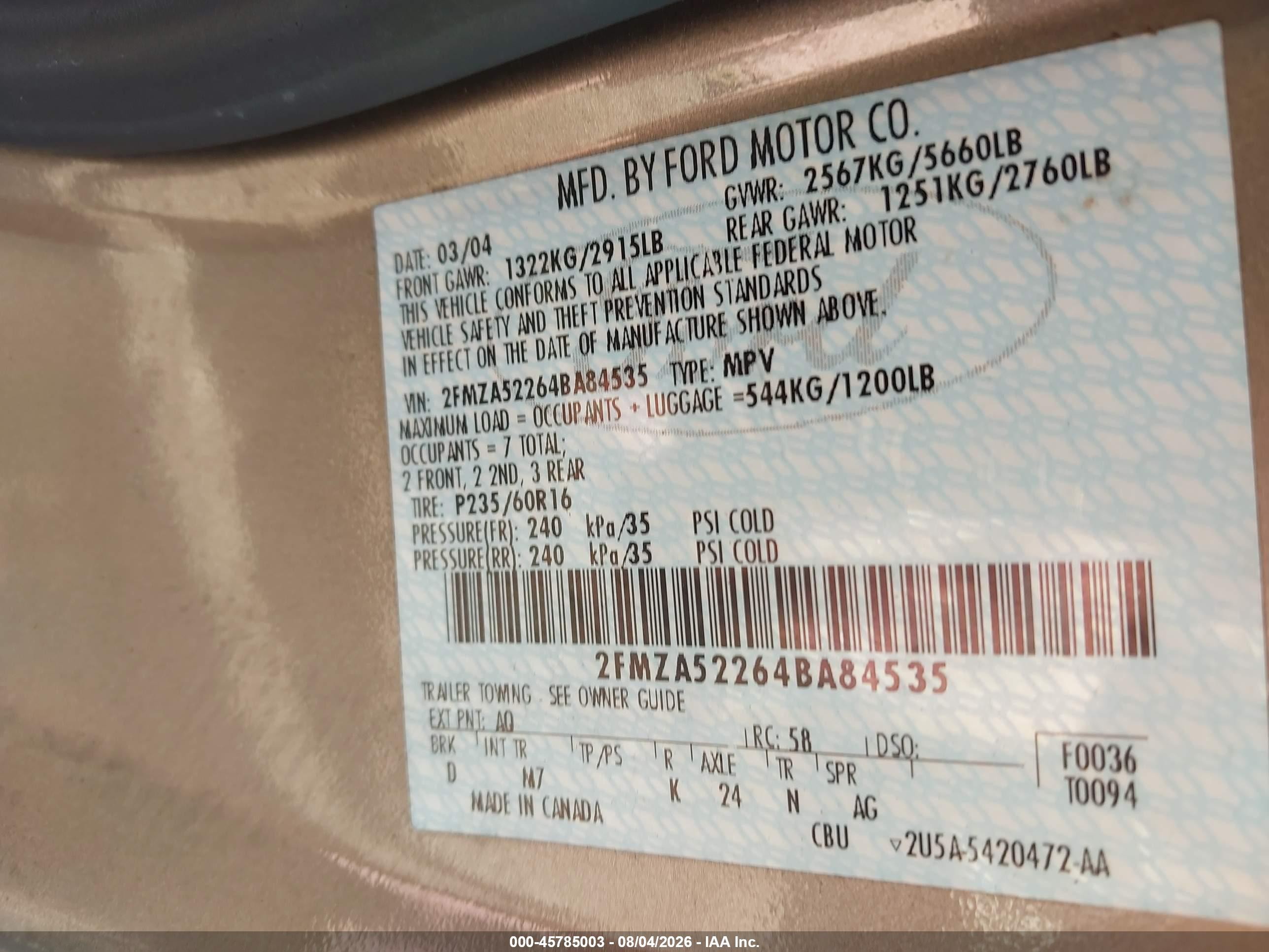 2004 Ford Freestar Sel Brown vin: 2FMZA52264BA84535