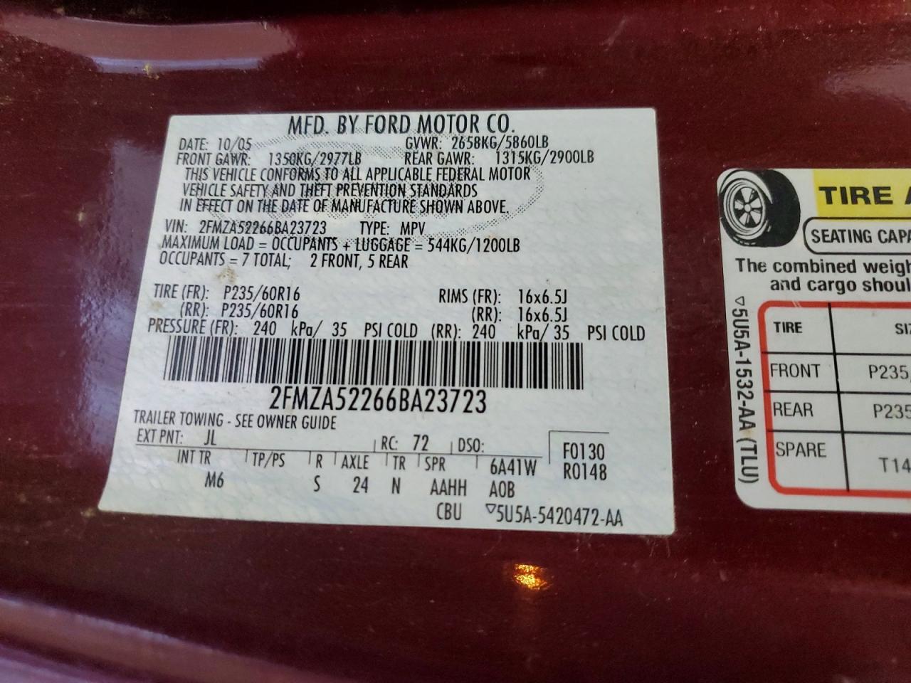 2006 Ford Freestar Sel Burgundy vin: 2FMZA52266BA23723