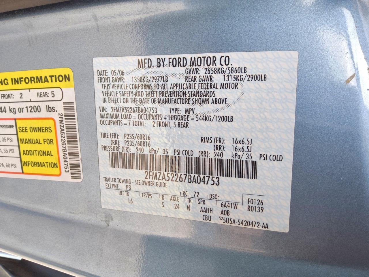 2007 Ford Freestar Sel Blue vin: 2FMZA52267BA04753