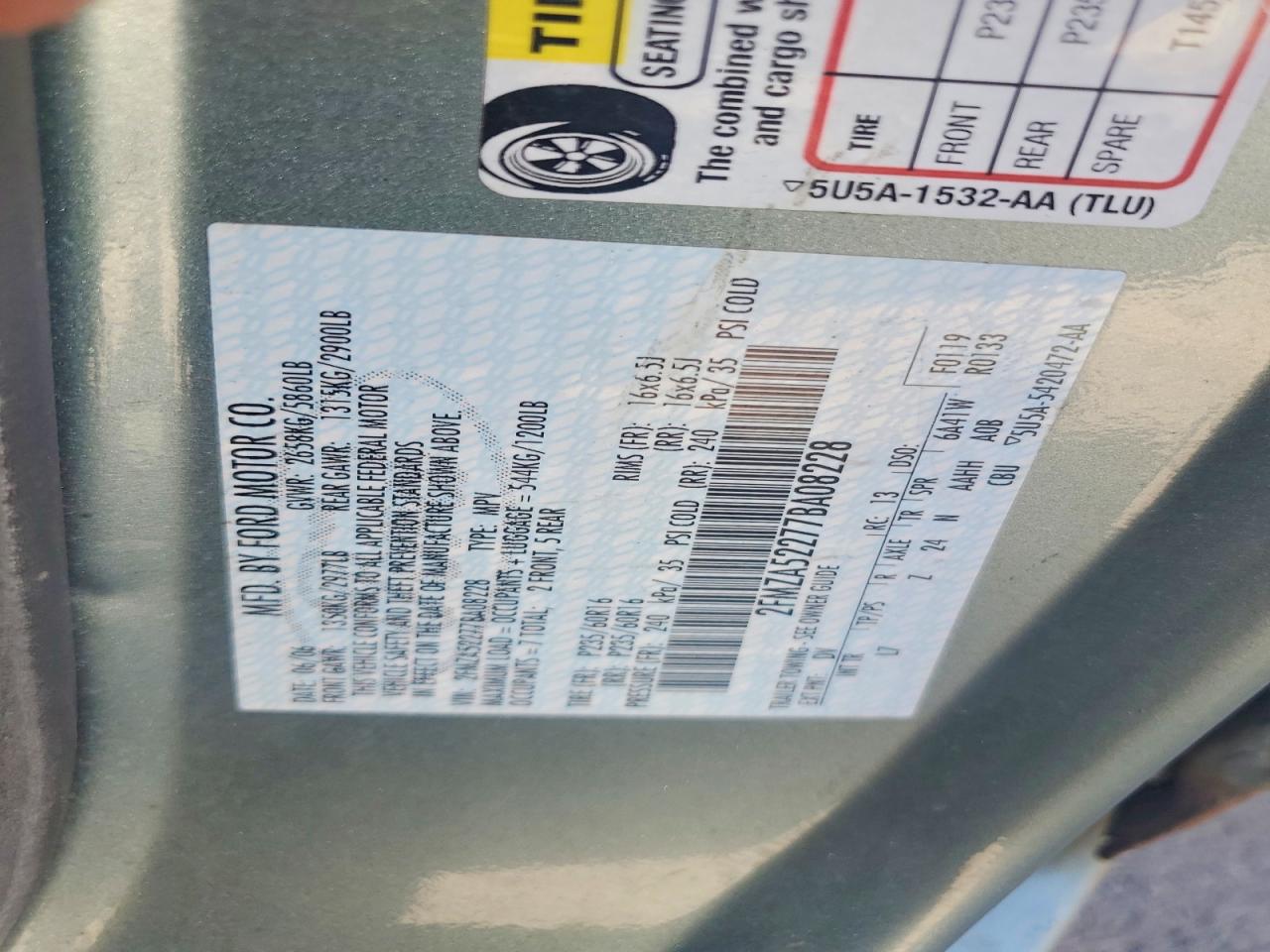 2007 Ford Freestar Sel Teal vin: 2FMZA52277BA08228