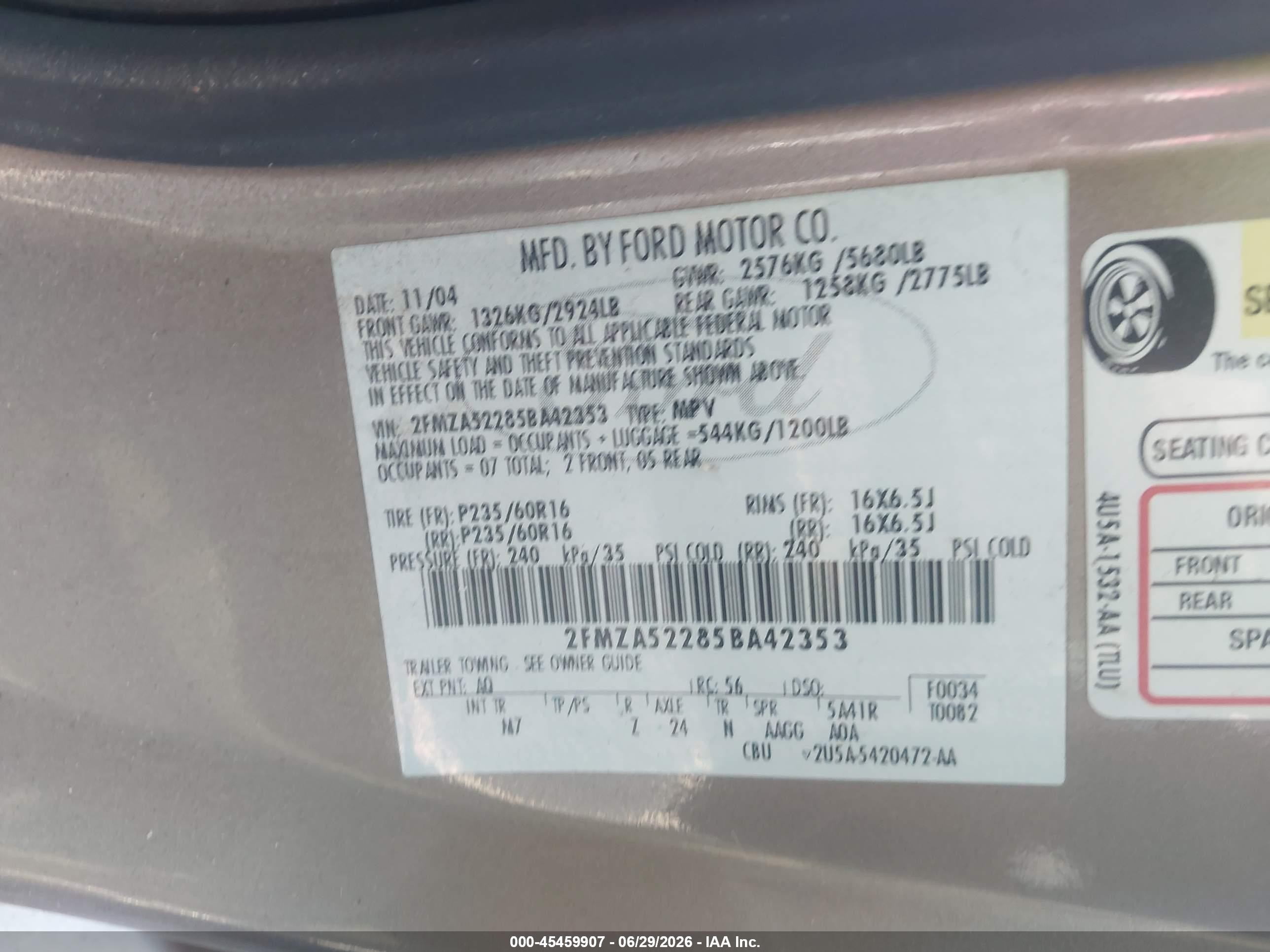 2005 Ford Freestar Sel Brown vin: 2FMZA52285BA42353