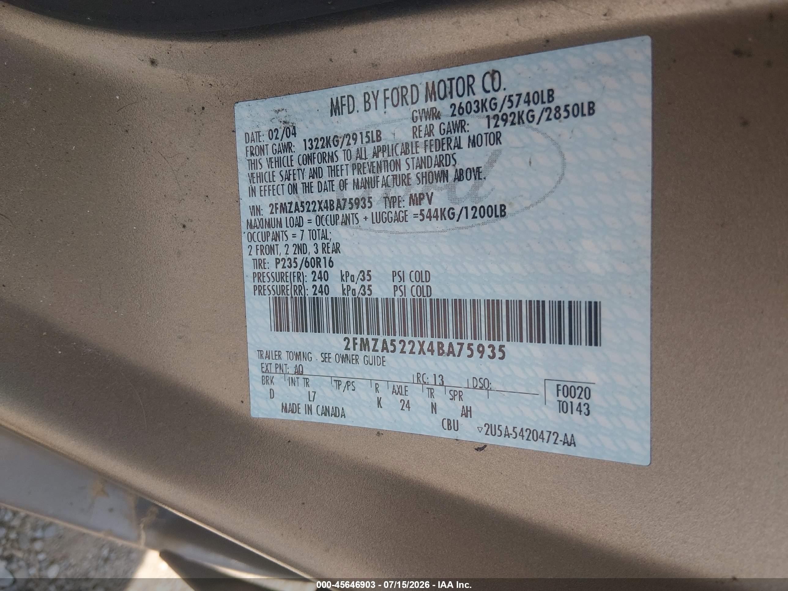 2004 Ford Freestar Sel Gold vin: 2FMZA522X4BA75935