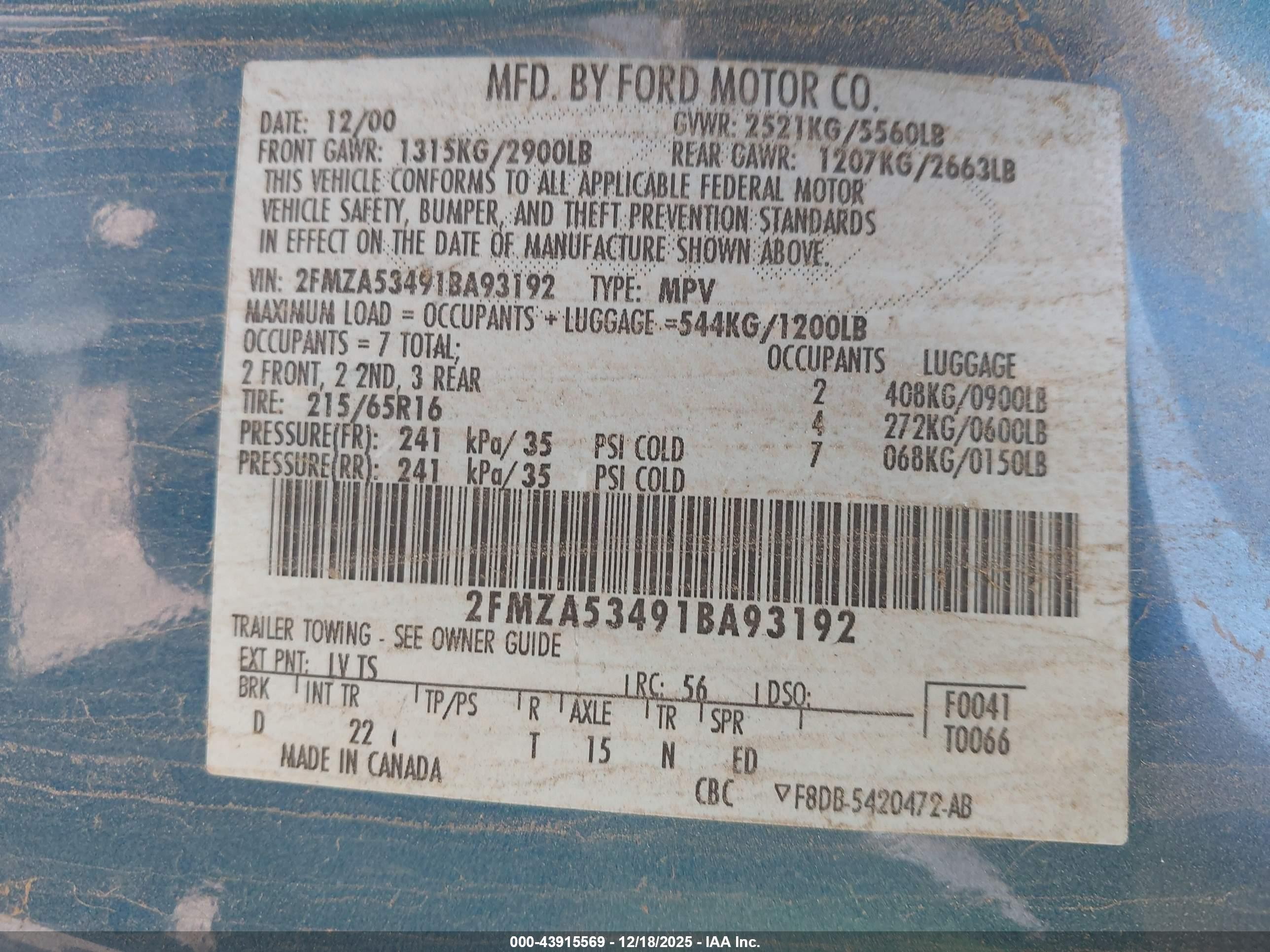 2001 Ford Windstar Sel Blue vin: 2FMZA53491BA93192