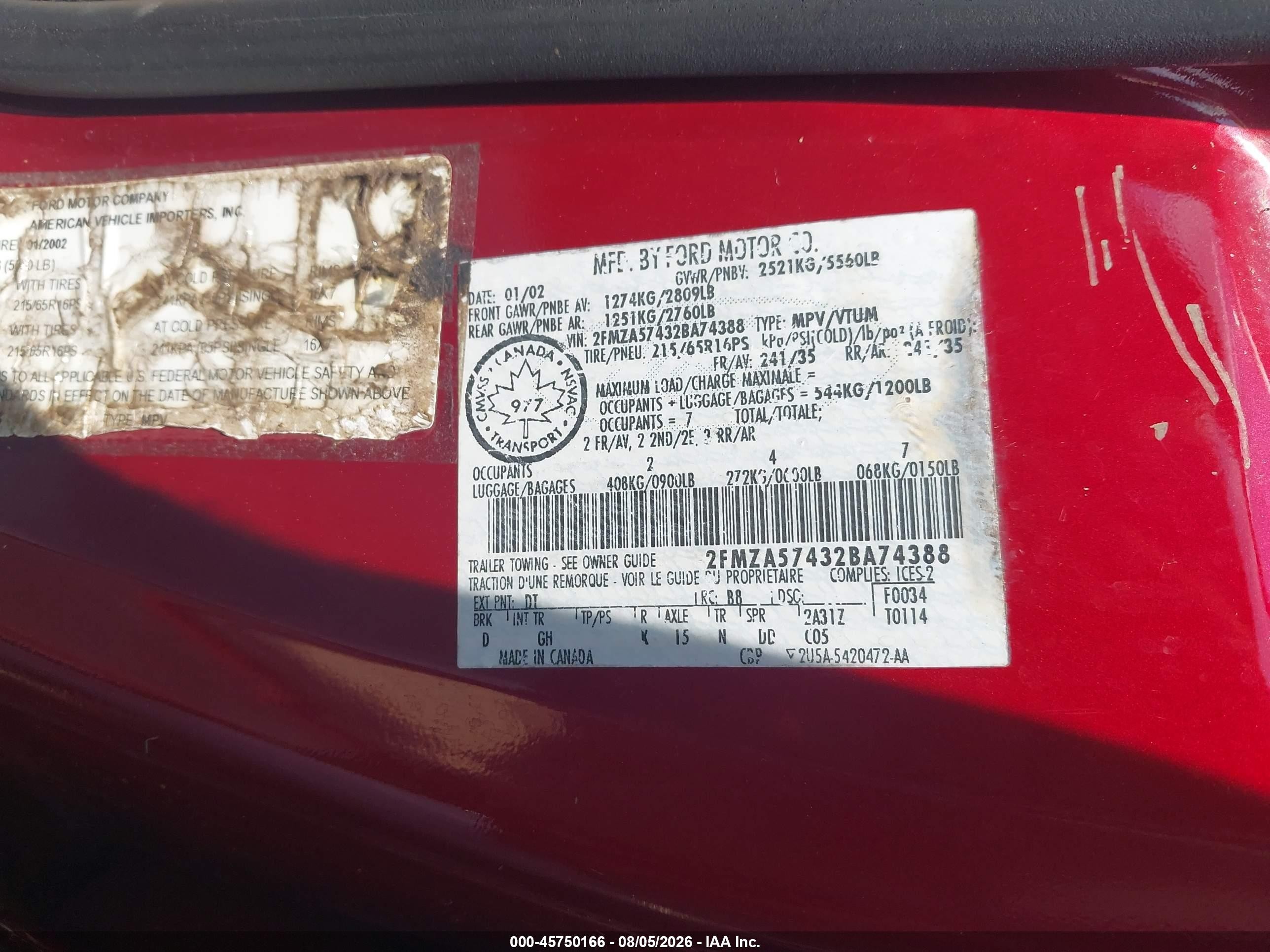2002 Ford Windstar Sport Red vin: 2FMZA57432BA74388