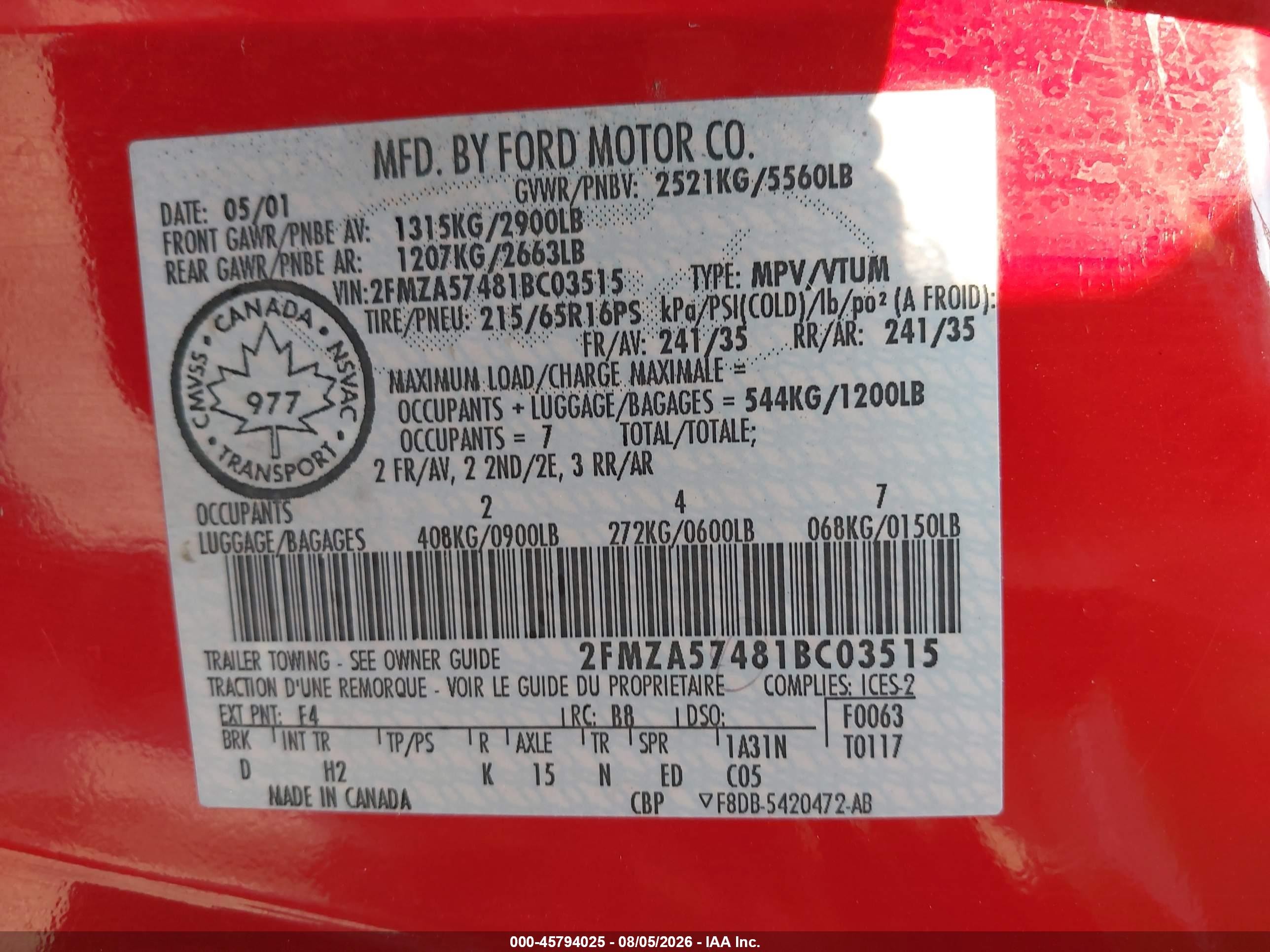 2001 Ford Windstar Se Sport Red vin: 2FMZA57481BC03515