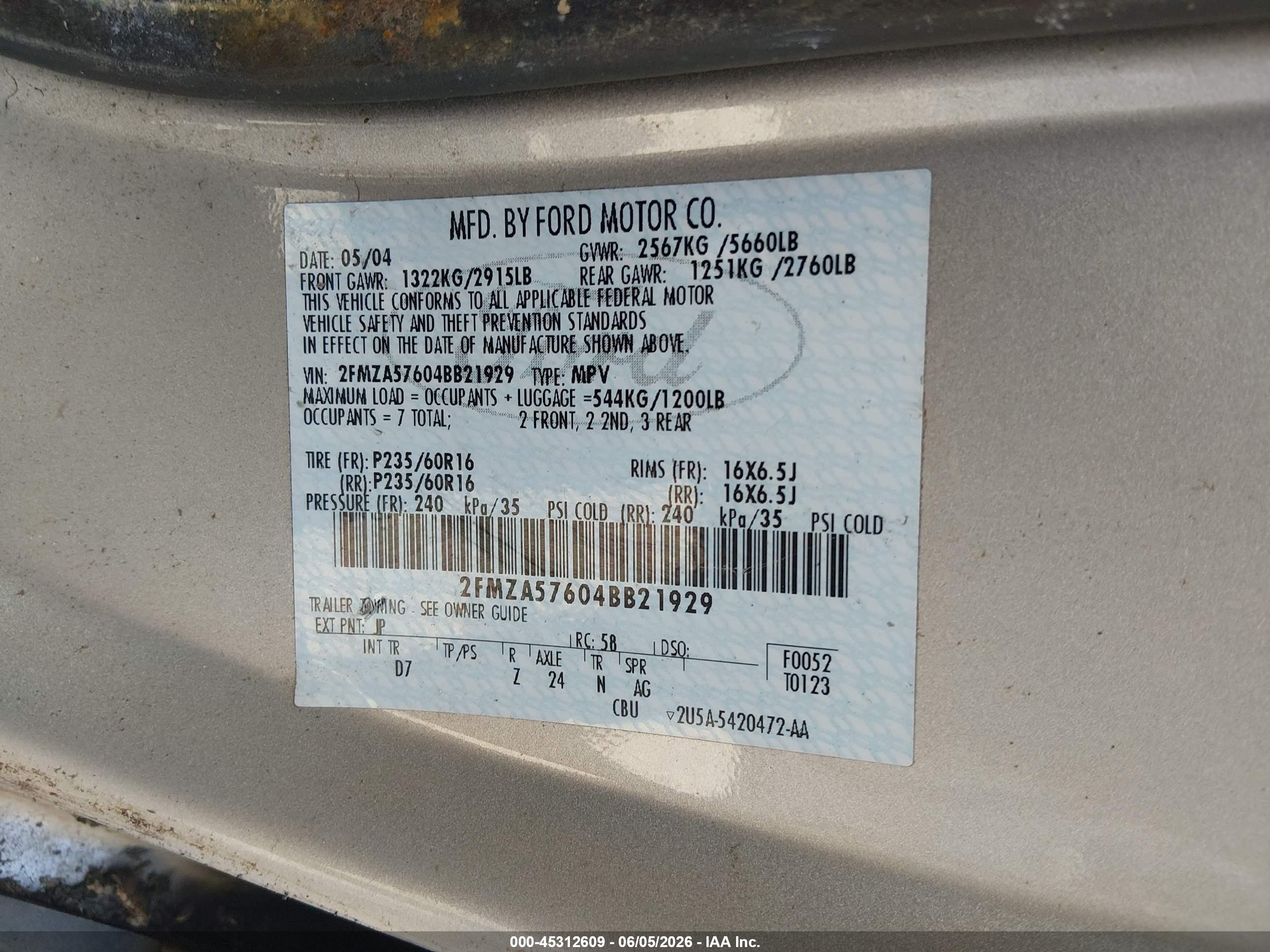 2004 Ford Freestar Ses Beige vin: 2FMZA57604BB21929