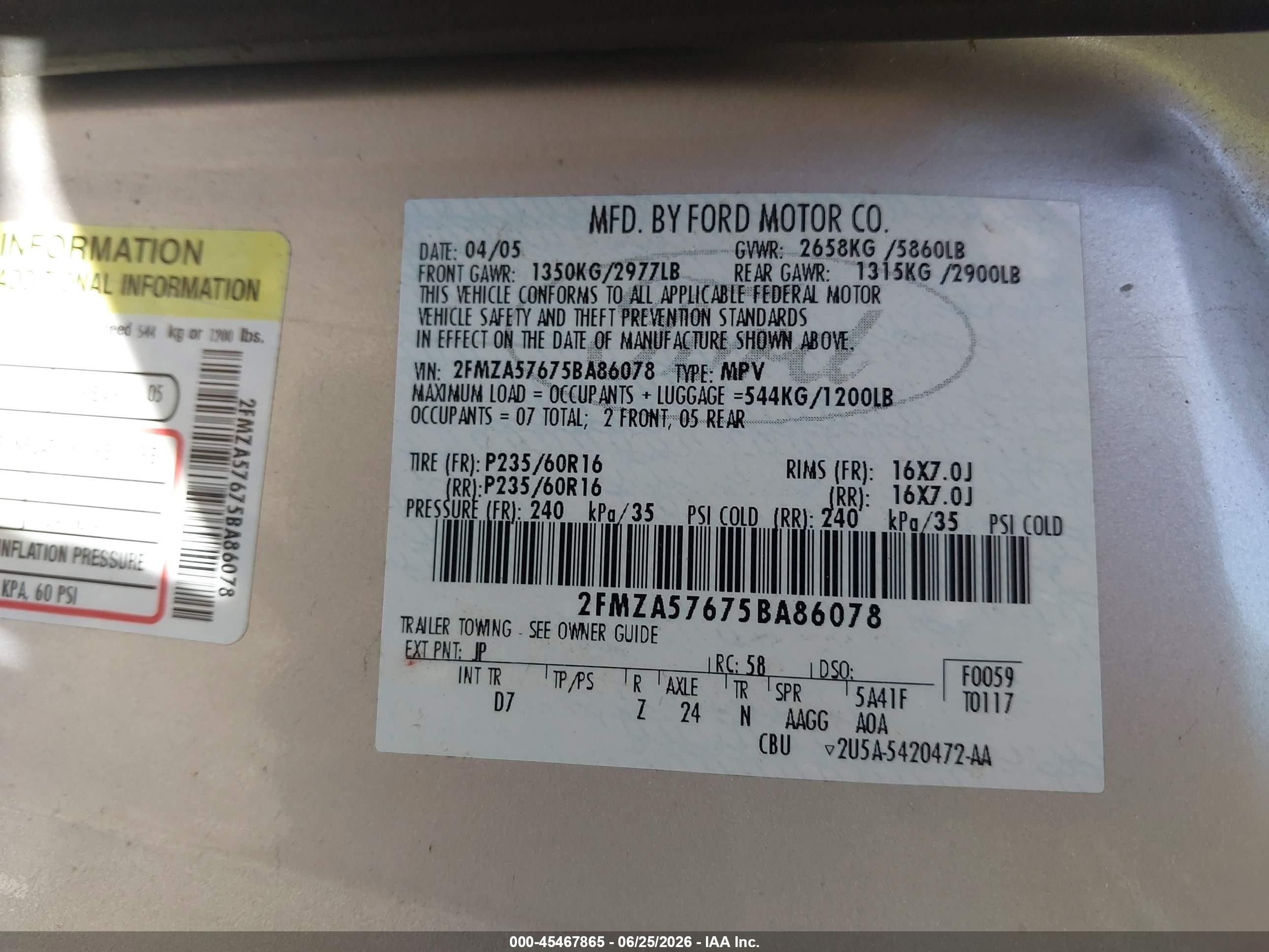 2005 Ford Freestar Ses Silver vin: 2FMZA57675BA86078