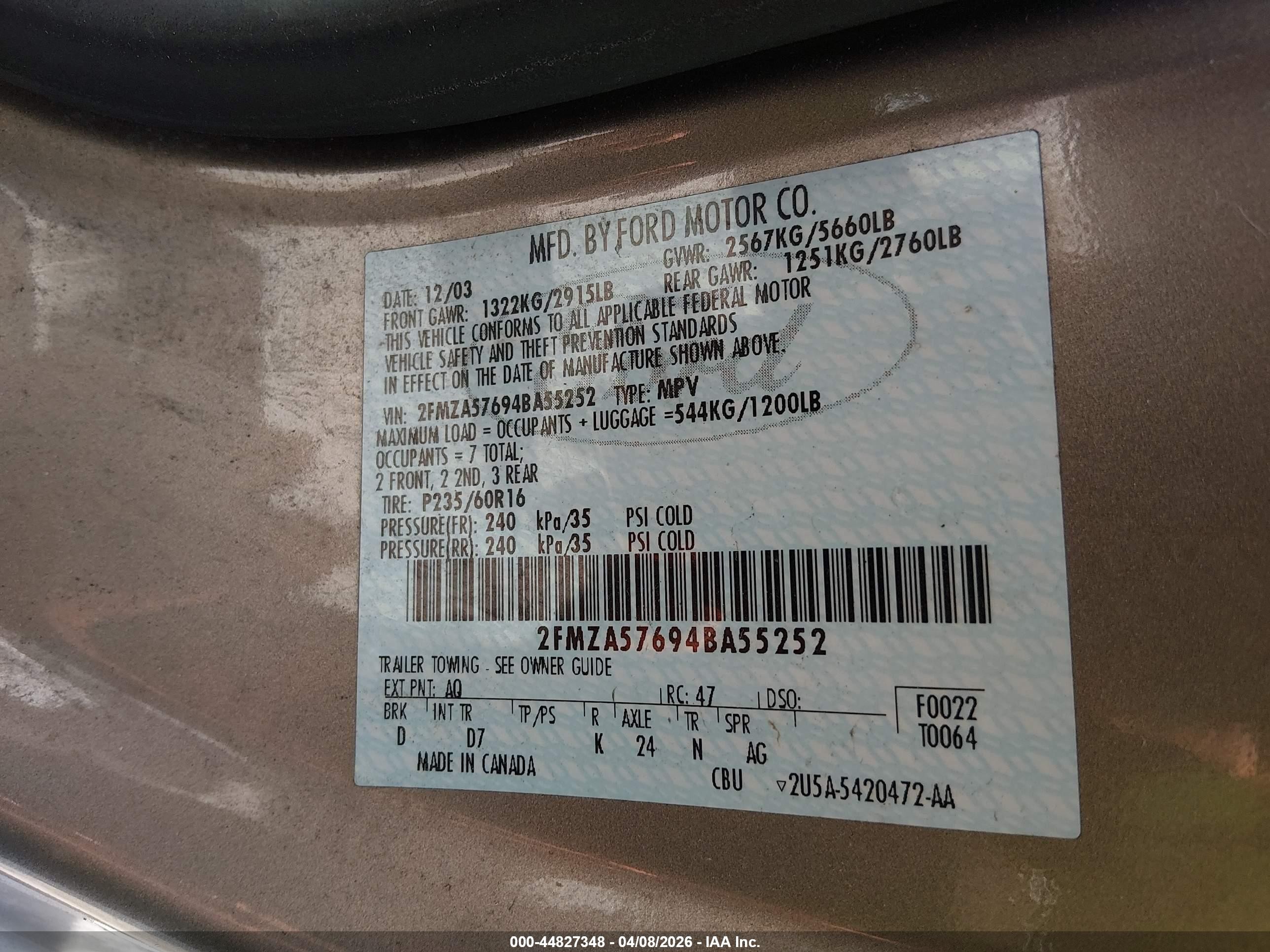2004 Ford Freestar Ses Gold vin: 2FMZA57694BA55252