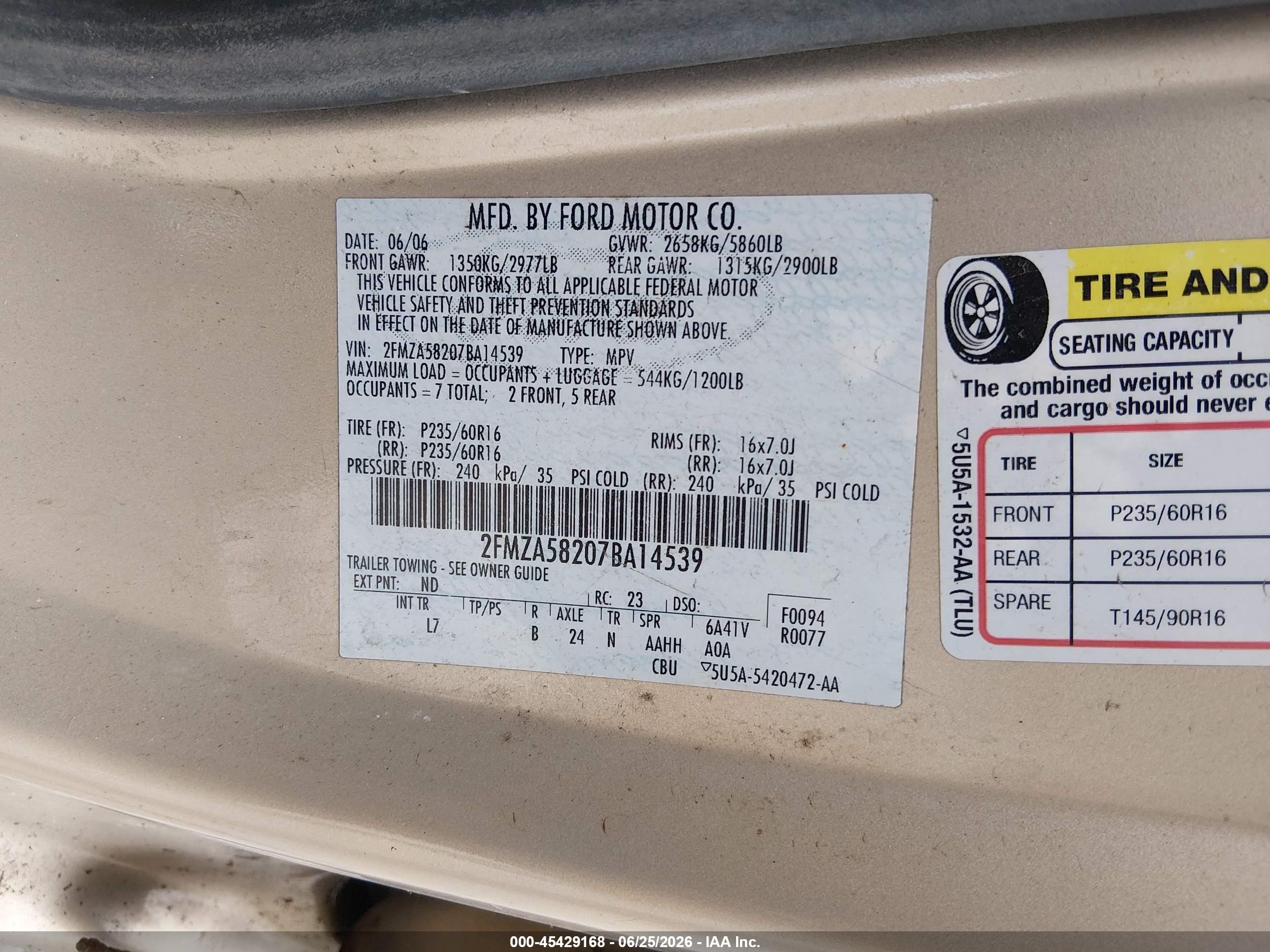 2007 Ford Freestar Limited Gold vin: 2FMZA58207BA14539