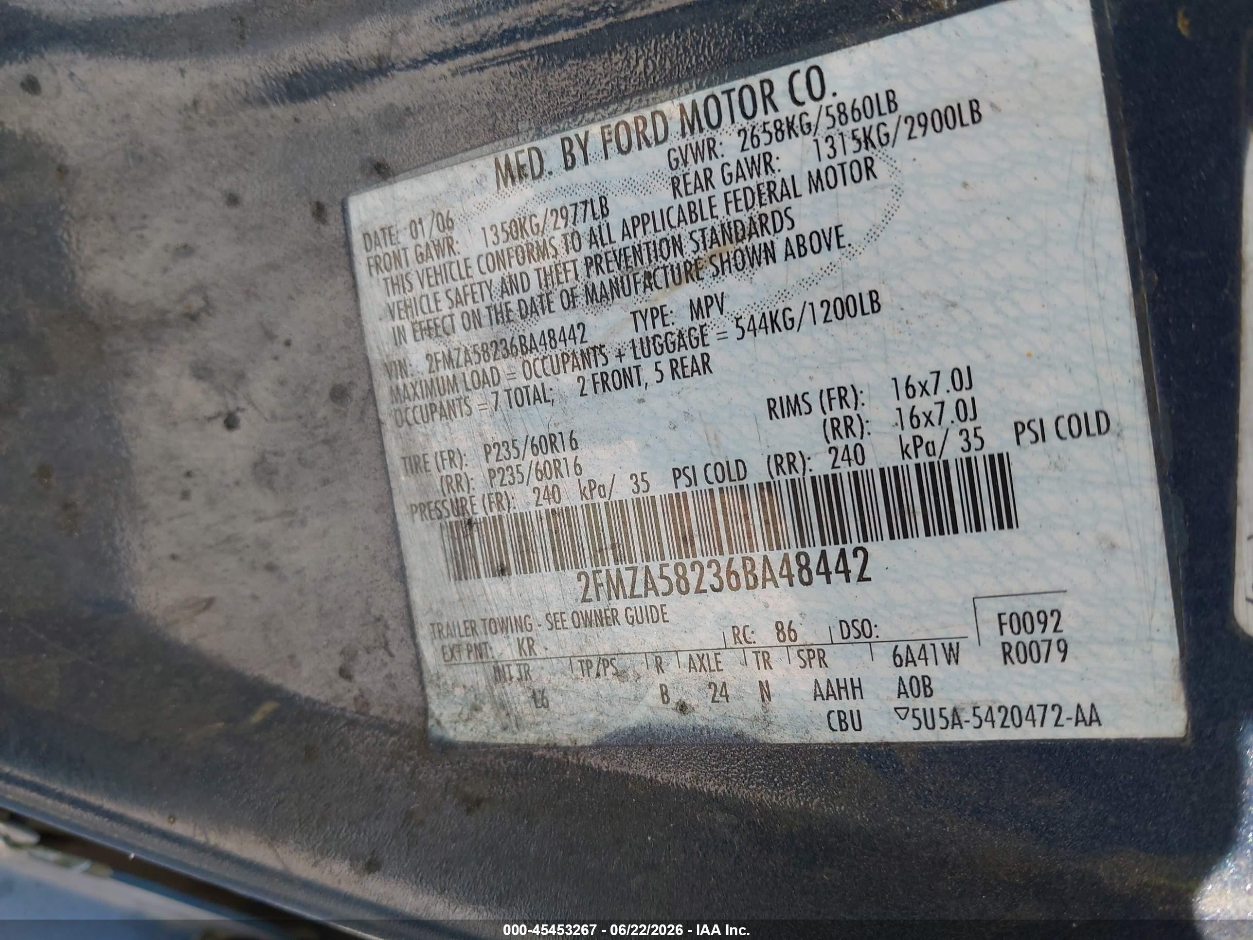 2006 Ford Freestar Limited Blue vin: 2FMZA58236BA48442