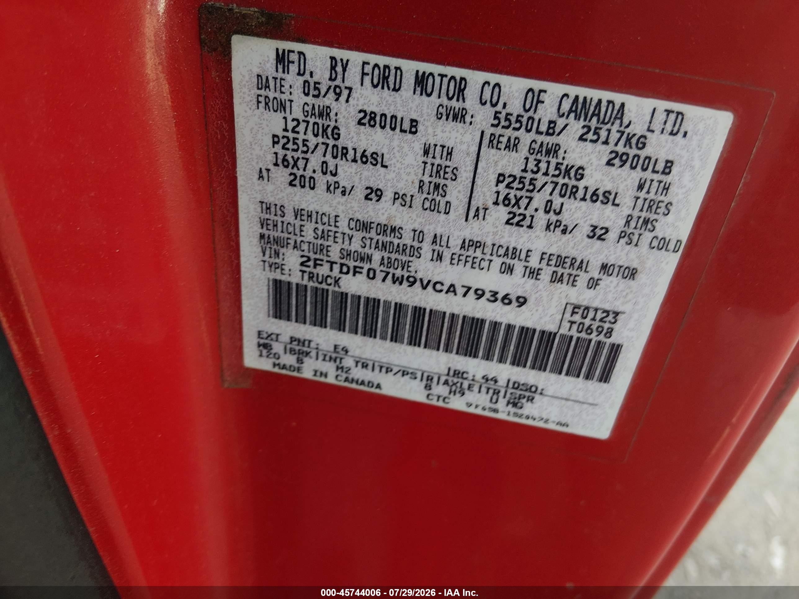 1997 Ford F-150 Lariat/xl/xlt Red vin: 2FTDF07W9VCA79369