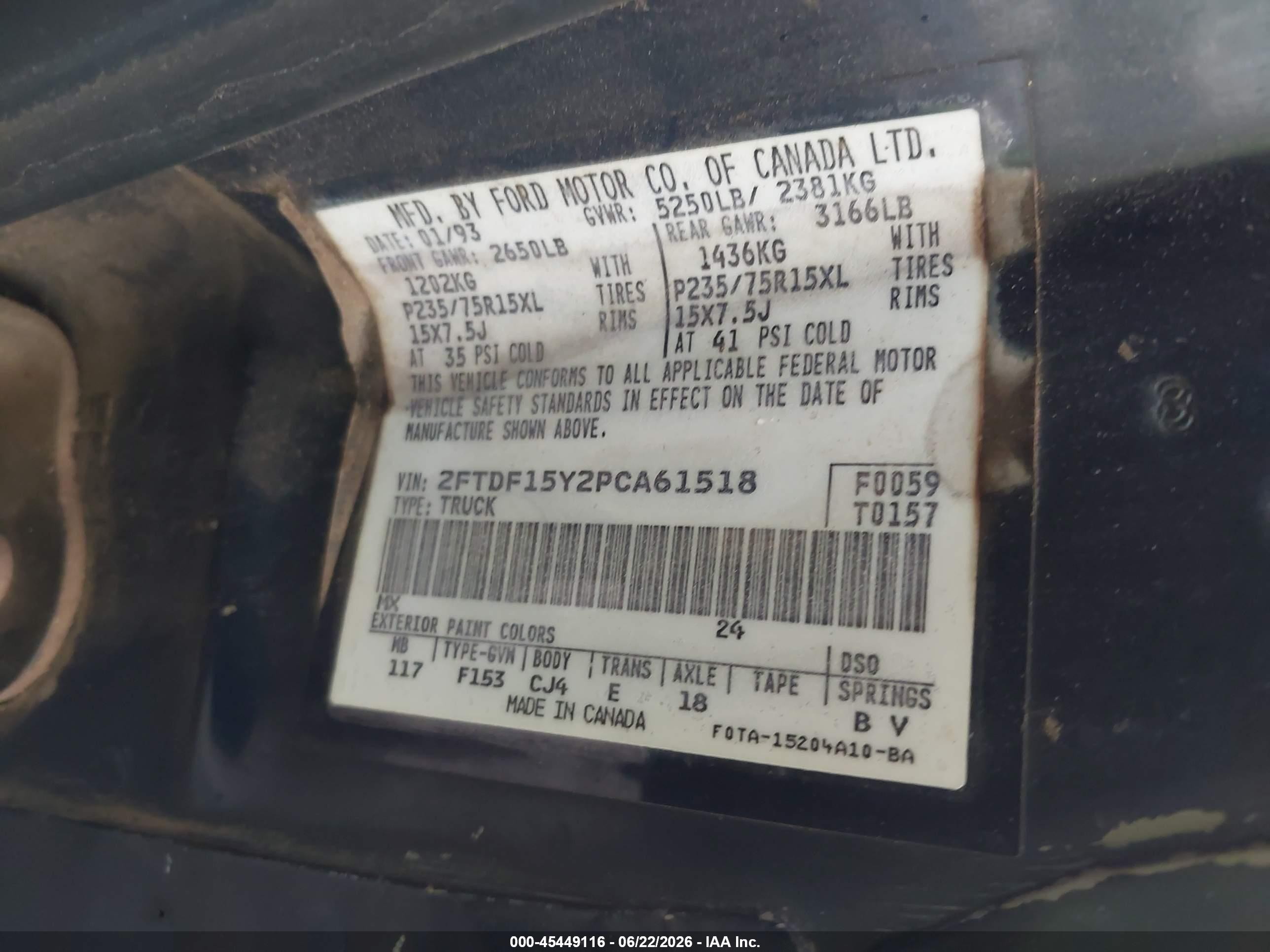 1993 Ford F150   Blue vin: 2FTDF15Y2PCA61518