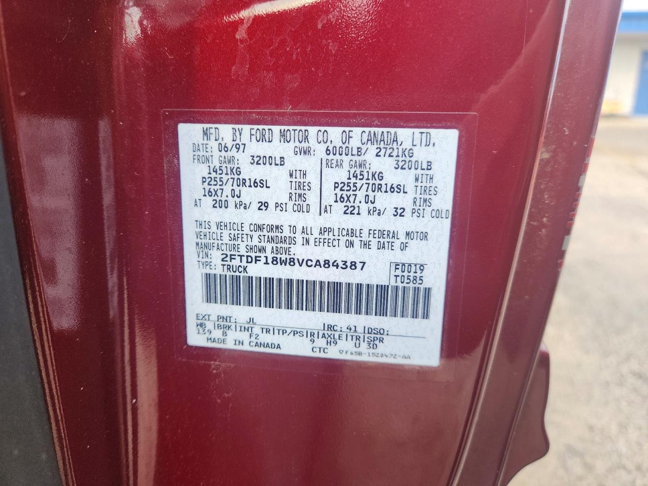 1997 Ford F150 Red vin: 2FTDF18W8VCA84387